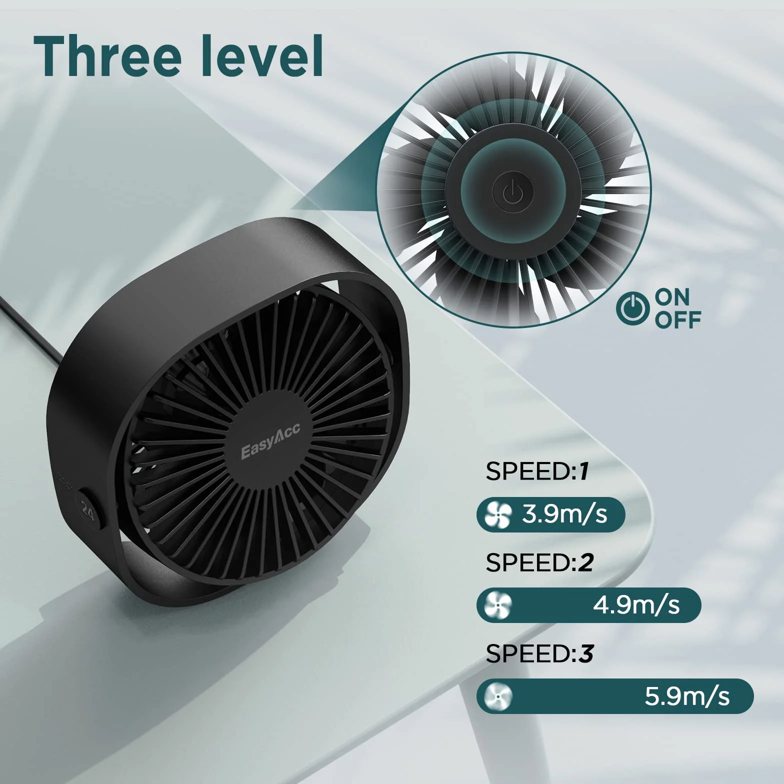 EasyAcc Mały wentylator biurkowy USB 3 prędkości głowica obrotowa 360°