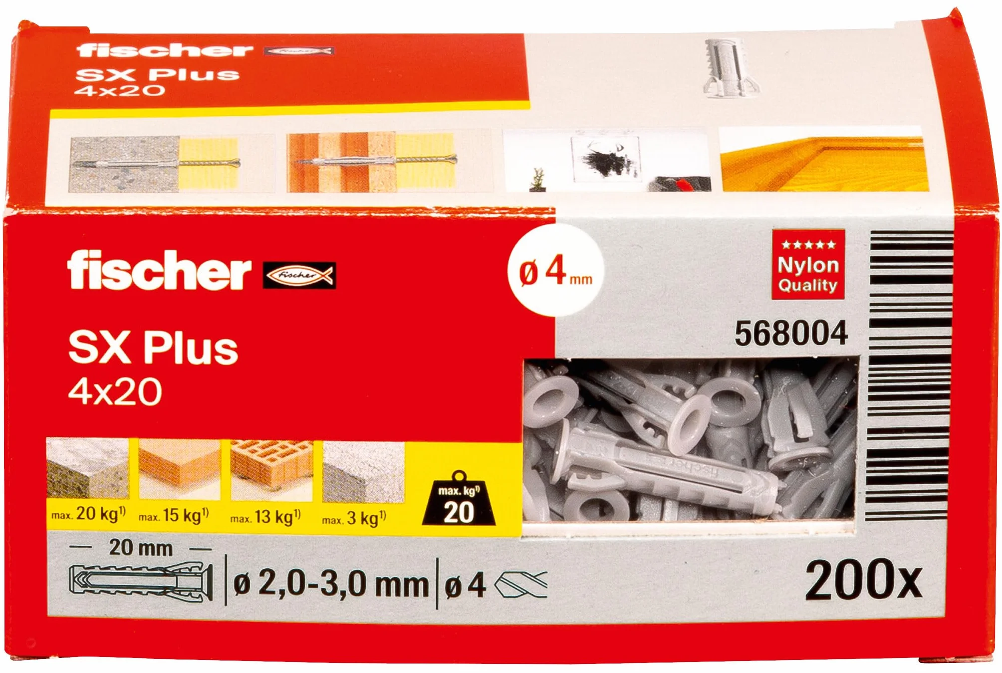 fischer 568004 SX Plus Korek rozporowy ścienny, 4 mm x 20 mm, 200 sztuk