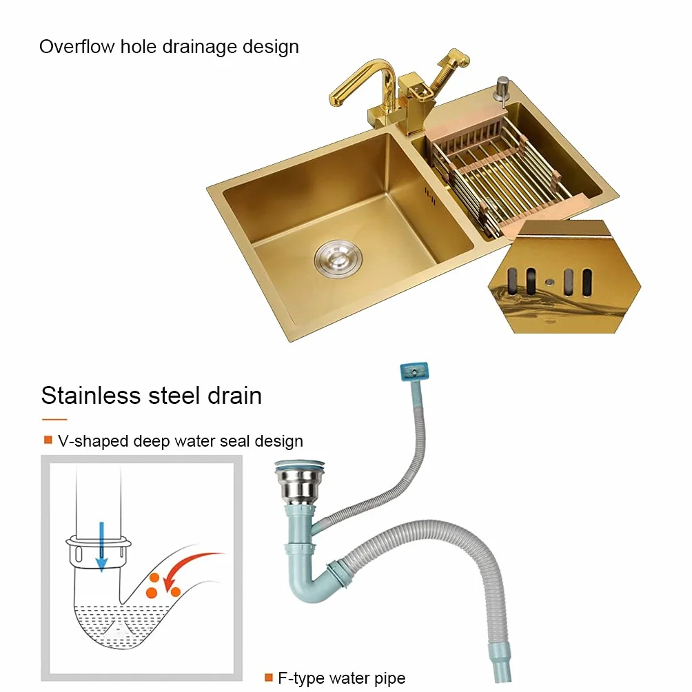 Zlewozmywak kuchenny. Szczotkowane złote podwójne miski ze stali nierdzewnej Drop In Kitchen Decoration Drop-In Or Undermount Nadaje się do kuchni Dziedziniec Biuro Bar Pralnia Koryto