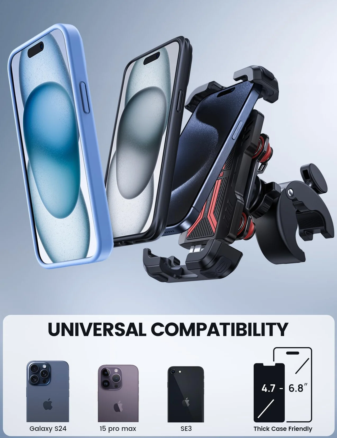 Lamicall Uchwyt na telefon do motocykla z podwójną antywstrząsową dla iPhone 16 15 14 13 12 Pro Max Plus Mini Samsung 4,7-6,7" Czerwony