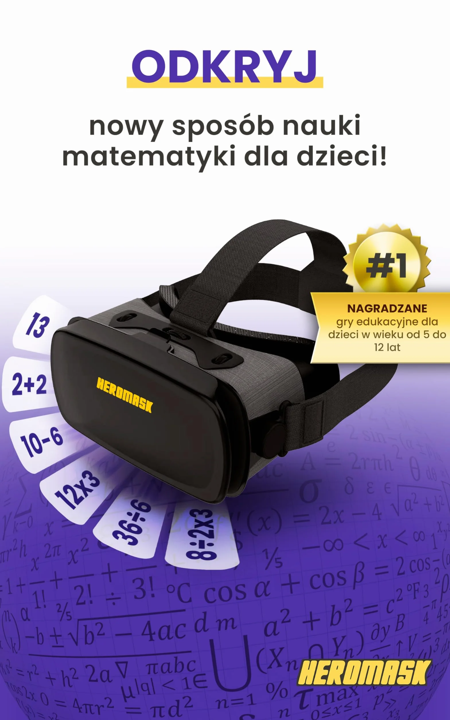 Heromask Gogle VR dla dzieci z edukacyjną grą matematyczną Nauka tabliczki mnożenia w 3D Interaktywna zabawka 5-12 lat