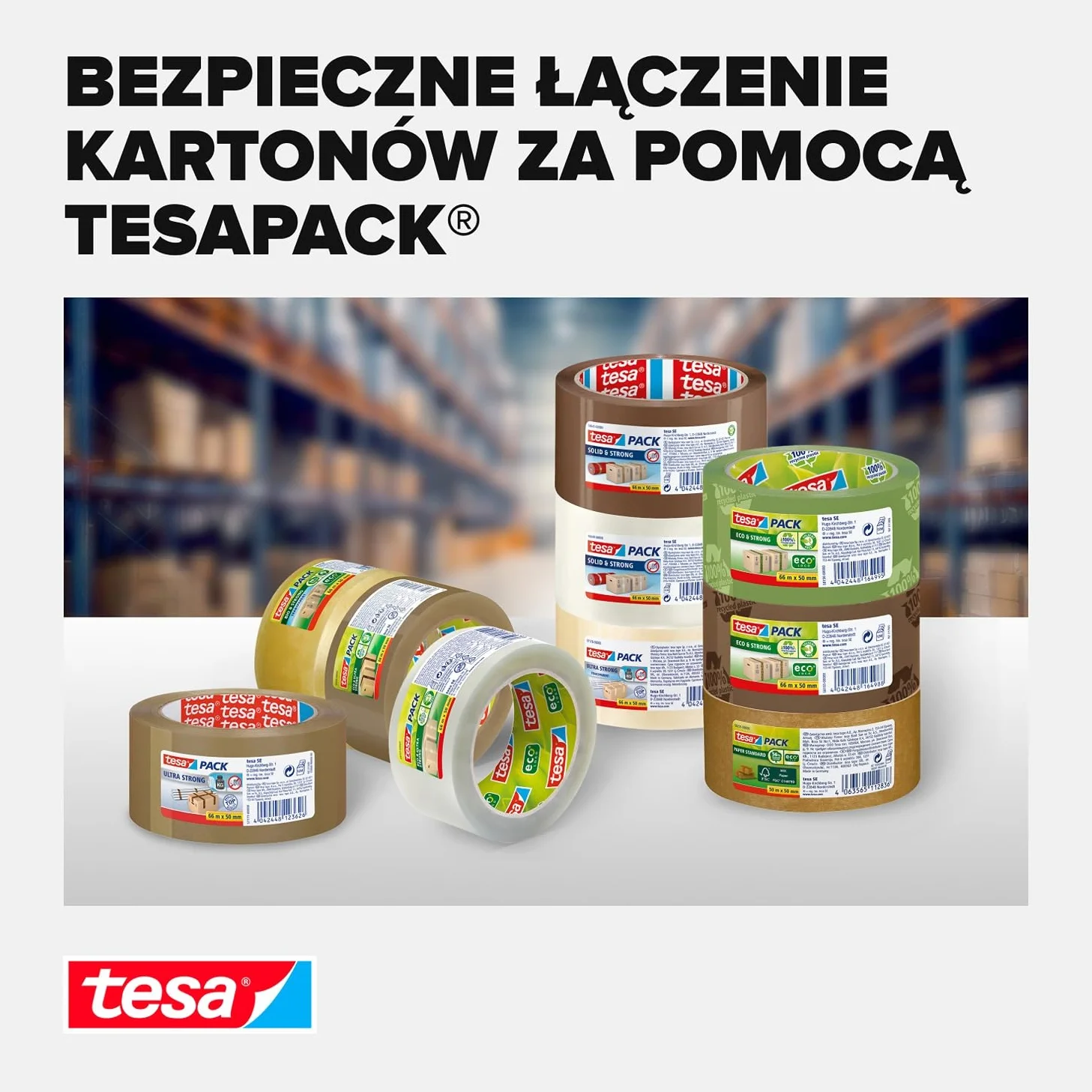 tesapack Solid & Strong Taśma do Pakowania, Samoprzylepna Taśma Pakowa, Ciche Rozwijanie, Dobra Przyczepność, bez Rozpuszczalników, 66 m x 50 mm, Brązowa lub Przezroczysta