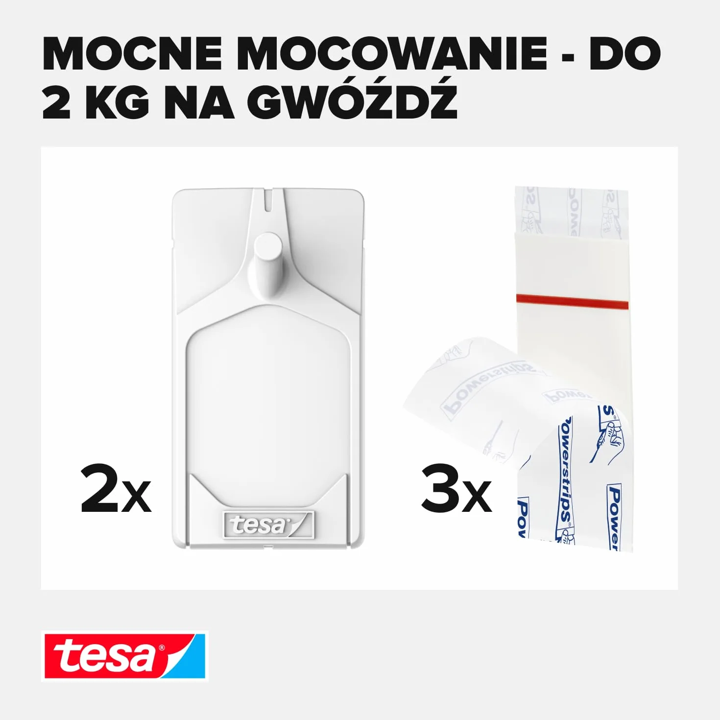 tesa Gwoździe samoprzylepne do płytek i metalu, zestaw 2 szt. – gwoździe samoprzylepne do gładkich i twardych powierzchni w łazience i kuchni, 2 kg siły trzymania – zdejmowane i wielokrotnego użytku –