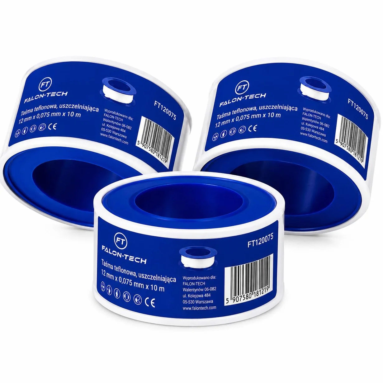 Taśma teflonowa, uszczelniająca 3 sztuki PTFE FALON-TECH 12 mm x 0,075 mm x 10 m do uszczelniania gwintów instalacji wodnych hydraulicznych i gazowych