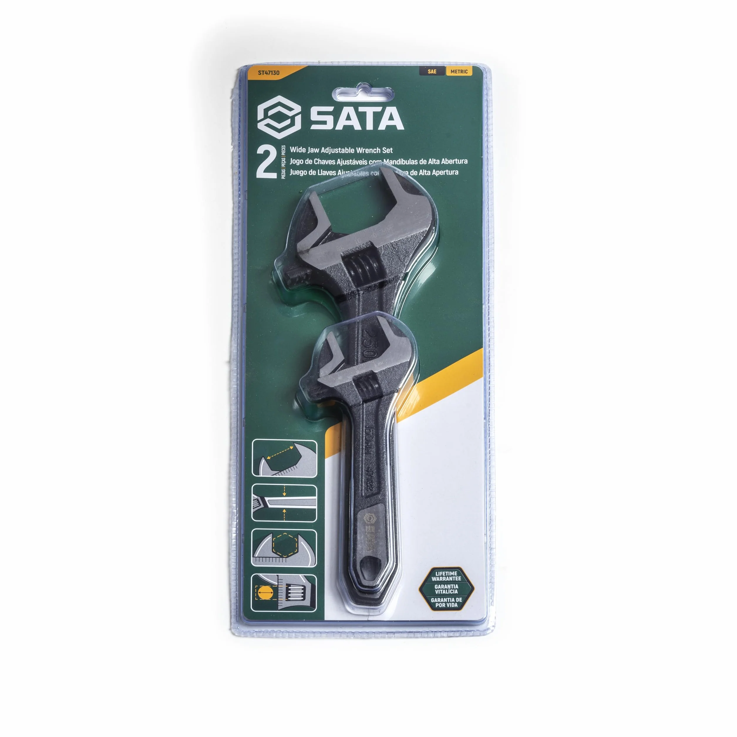 SATA ST47130 Zestaw kluczy nastawnych o bardzo szerokich szczękach 15 cm i 25 cm, z korpusem ze stali stopowej i chromowanym wykończeniem