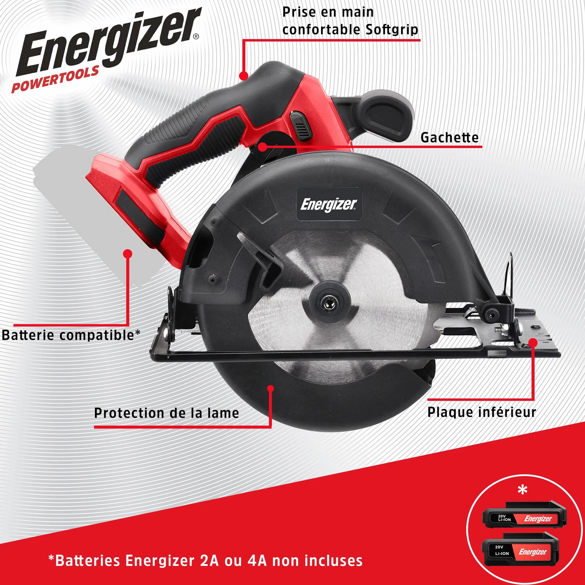 Energizer - akumulatorowa piła tarczowa 20 V (Baterie w zestawie) - 4000 RPM - ostrze 165 mm/cięcie do 45 mm (33 mm do 45°) - szyna ślizgowa + klucz zmiany biegów + ostrze do drewna w zestawie