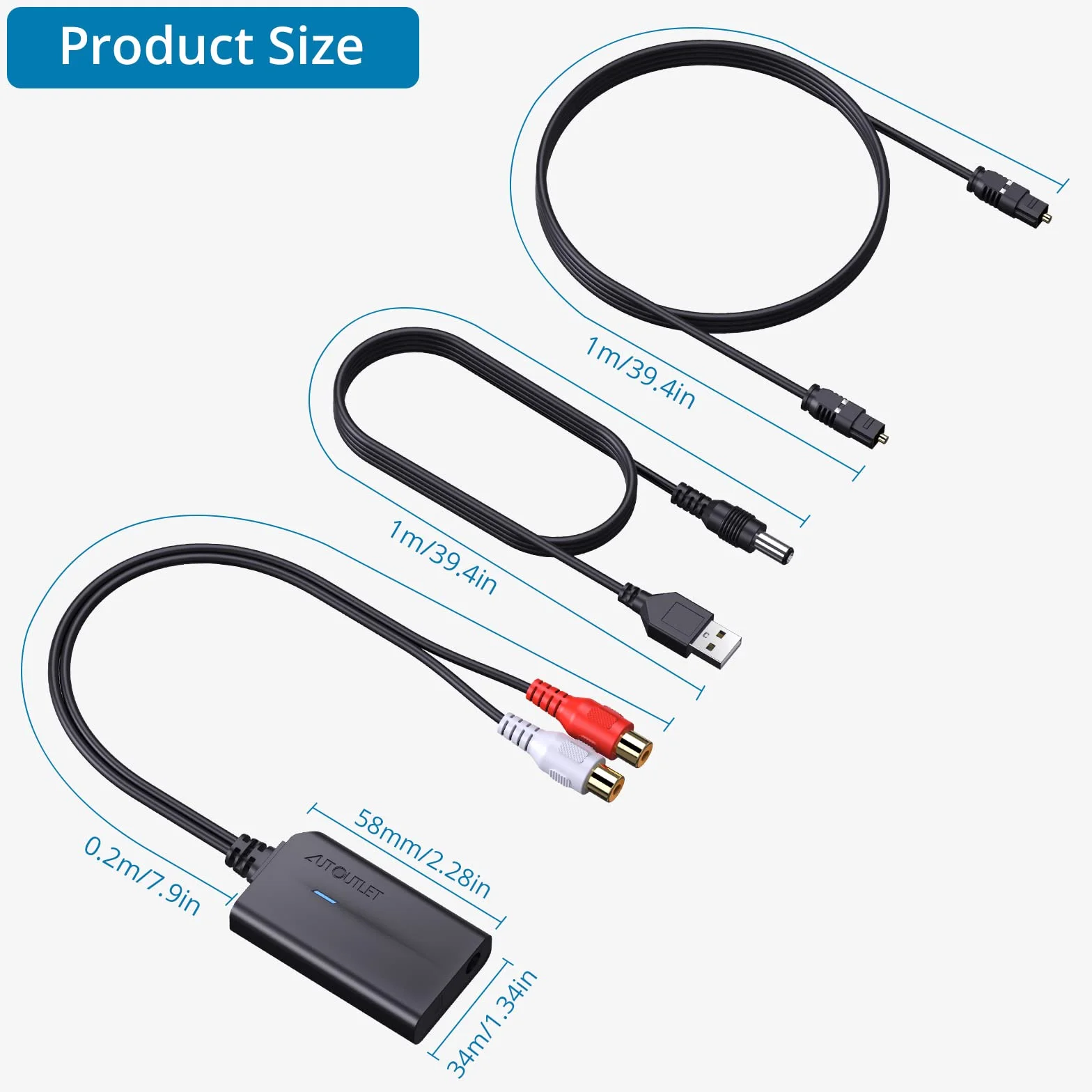 AUTOUTLET Konwerter DA 192 kHz DAC cyfrowy na analogowy audio SPDIF Toslink do RCA z kablem optycznym 1 m do HDTV DVD Blu-ray Sky