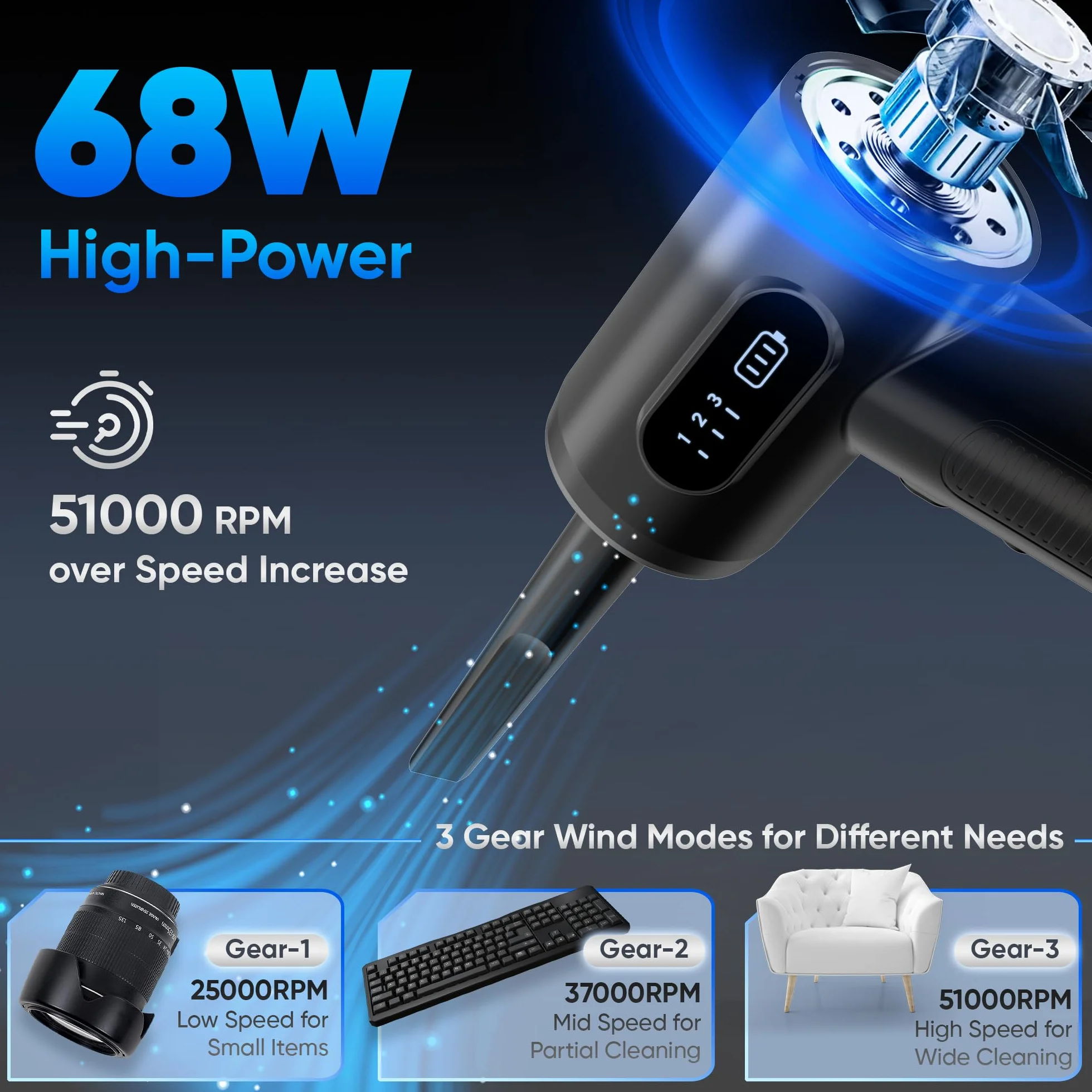 Dmuchawa sprężonego powietrza 3 w 1 z akumulatorem 6000 mAh, odpylacz elektryczny do czyszczenia