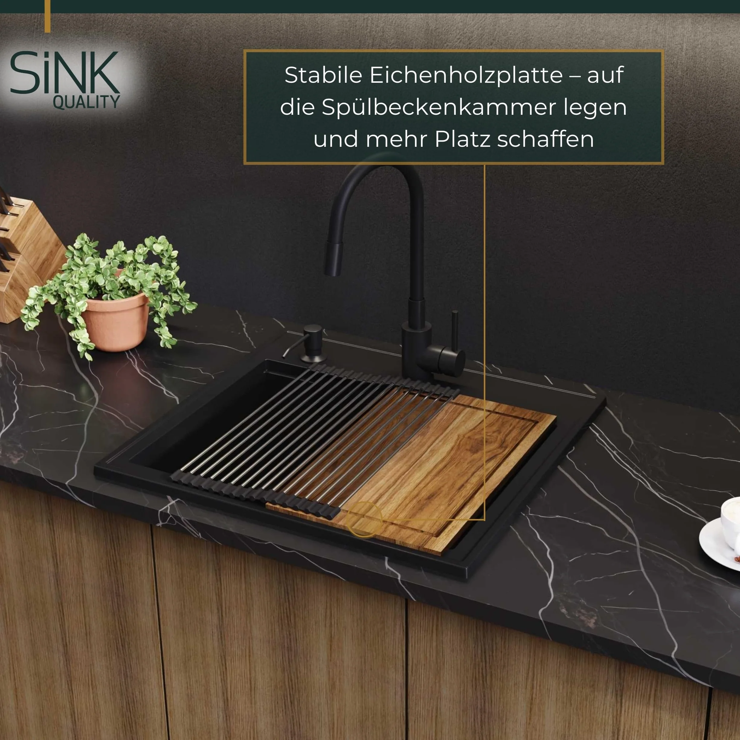 SINK Quality zlewozmywak czarny granit 56 x 51 cm – nowoczesny zlewozmywak kuchenny z deską do krojenia, syfonem Pop Up, ociekacz, środek impregnujący – zlewozmywak do zabudowy do szafki pod umywalkę