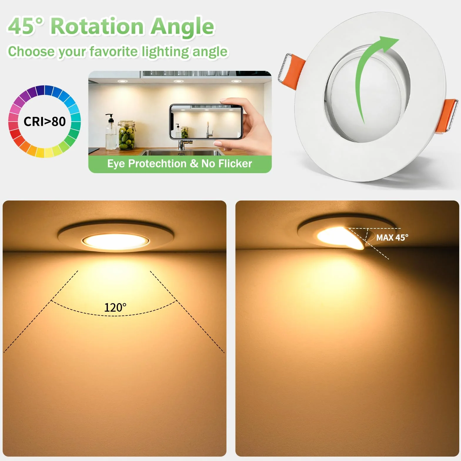 YindaLux LED reflektor do zabudowy 230 V ściemniany IP44 5 W ultra cienki, wymiar cięcia 68-80 mm, 3000 K / 4000 K / 6000 K, kąt nachylenia 45°, reflektor do zabudowy do łazienki salonu biały, zestaw