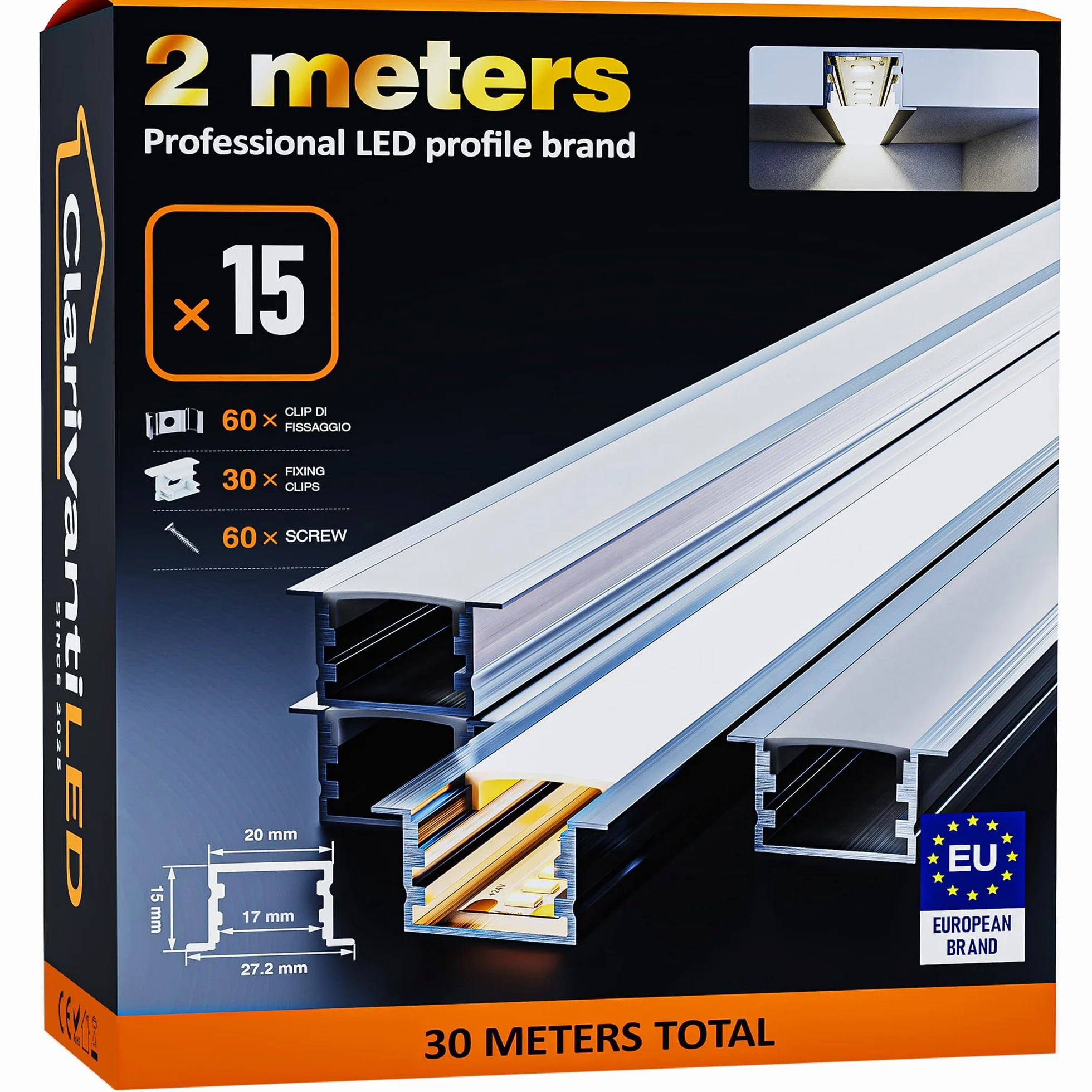 Profil LED 2m×15 aluminiowy w kształcie litery U z mleczno-białą osłoną, szyna aluminiowa do taśm LED, profil aluminiowy do pasków LED, kanał świetlny z dyfuzorem