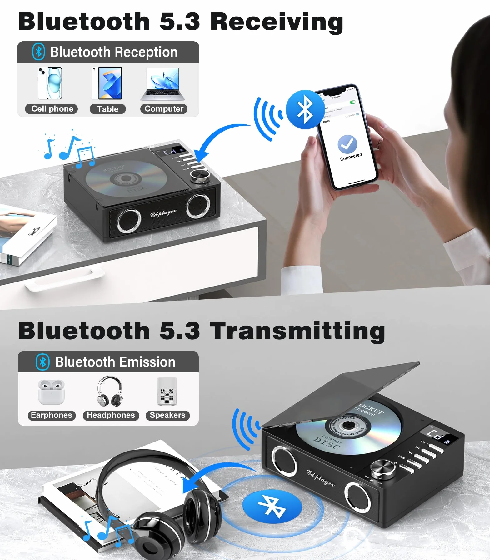 Greadio Przenośny odtwarzacz CD z Bluetooth 5.3, akumulator 4000 mAh, odtwarzacz muzyczny CD z pilotem zdalnego sterowania, podwójne głośniki, wyświetlacz LED, obsługuje USB, kartę TF, AUX do domu