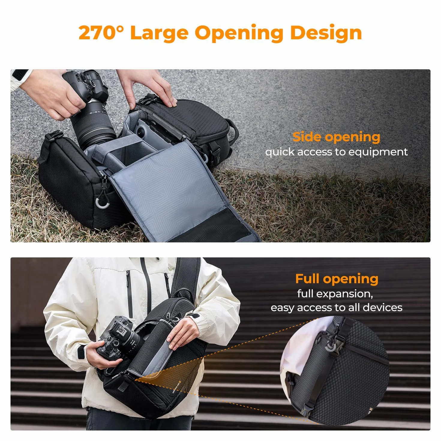 K&F Concept Torba na ramię na aparat torba crossbody wodoodporny plecak na aparat DSLR/SLR/futerał na aparat bezlusterkowy torby fotograficzne, Czarny, M, Klasyczny