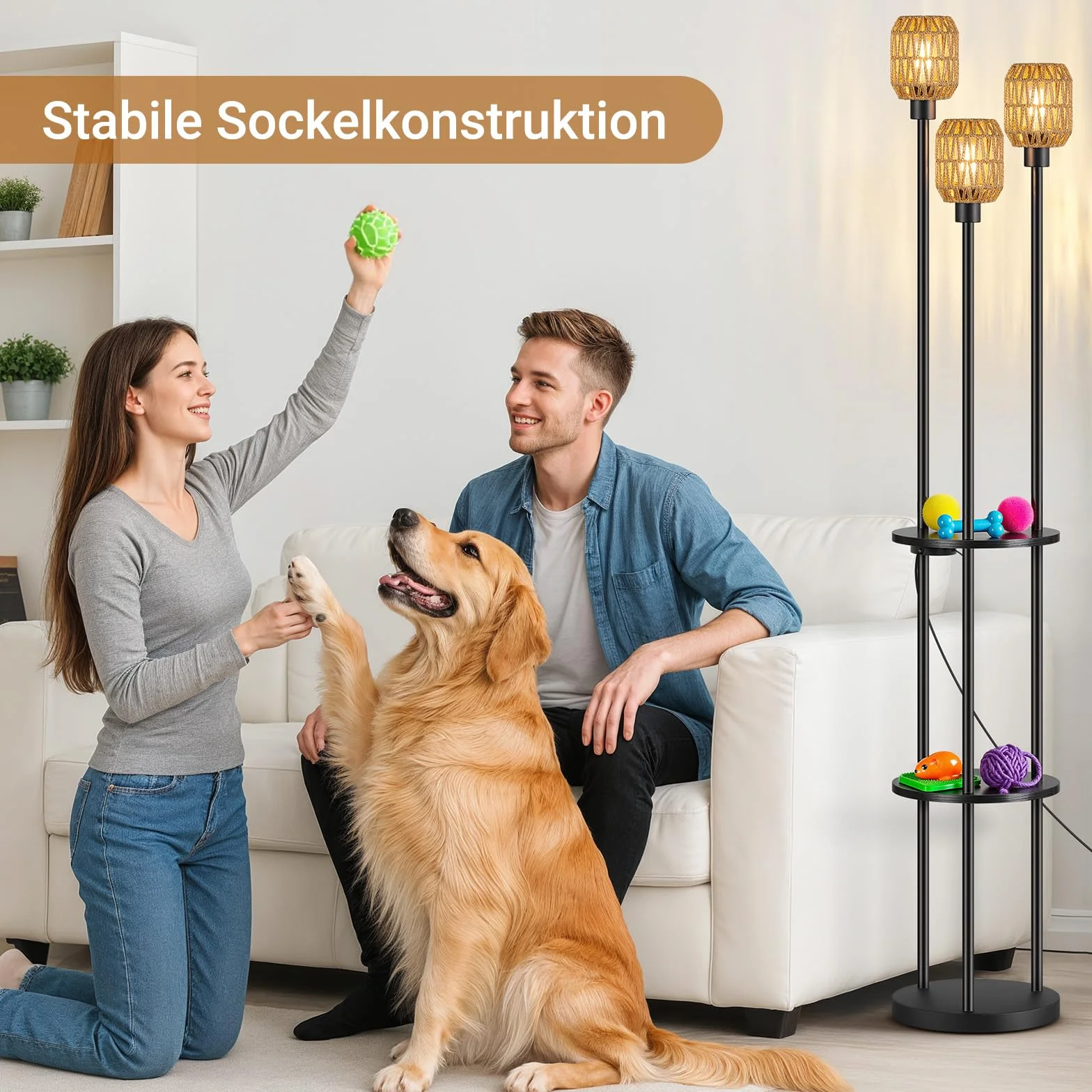 Lampa stojąca do salonu, vintage, 3-punktowa, do sypialni i biura | Abażur rattanowy w stylu boho, dwuwarstwowy regał, przełącznik obrotowy, 0%-100% bezstopniowe ściemnianie, zawiera żarówkę