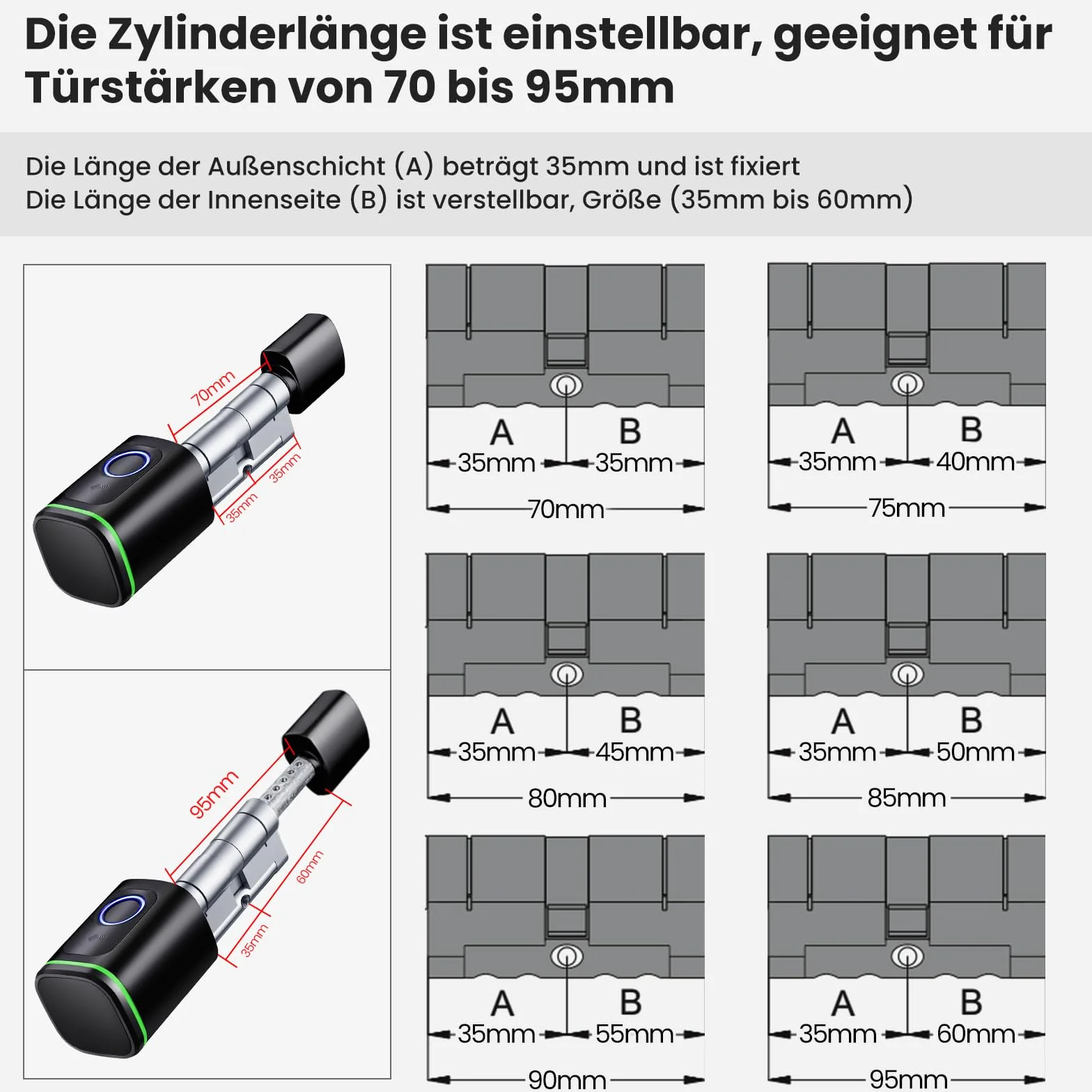 AVATTO Inteligentny elektroniczny zamek do drzwi, cylinder 70 mm (35/35) z odciskiem palca, 2 klucze, karta IC, kontrola aplikacji Smart Life/Tuya, Bluetooth, zamek cylindryczny