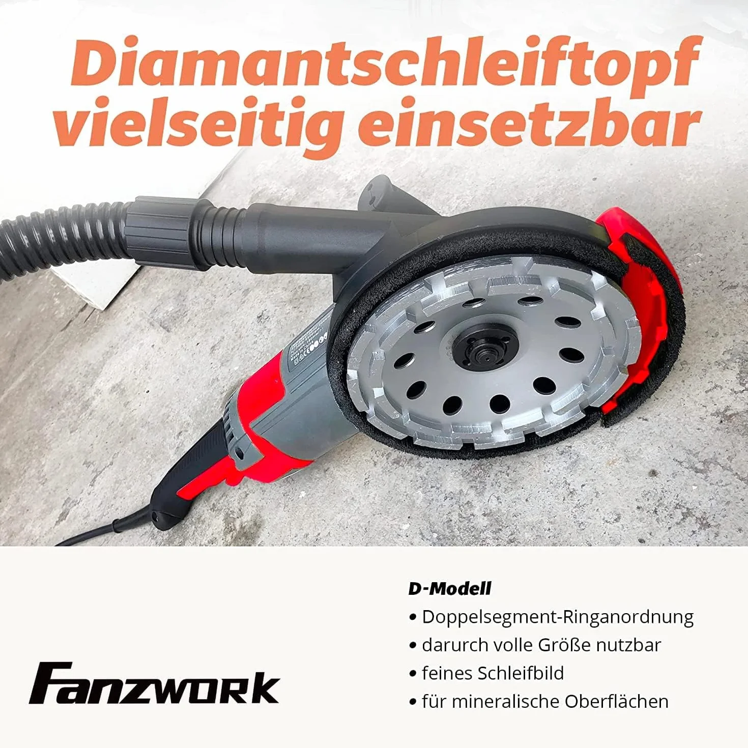 FANZTOOL Szlifierka do Betonu, zestaw z Diamentową Głowicą Szlifierską i oknem Odsysającym (2000 W/180 mm)