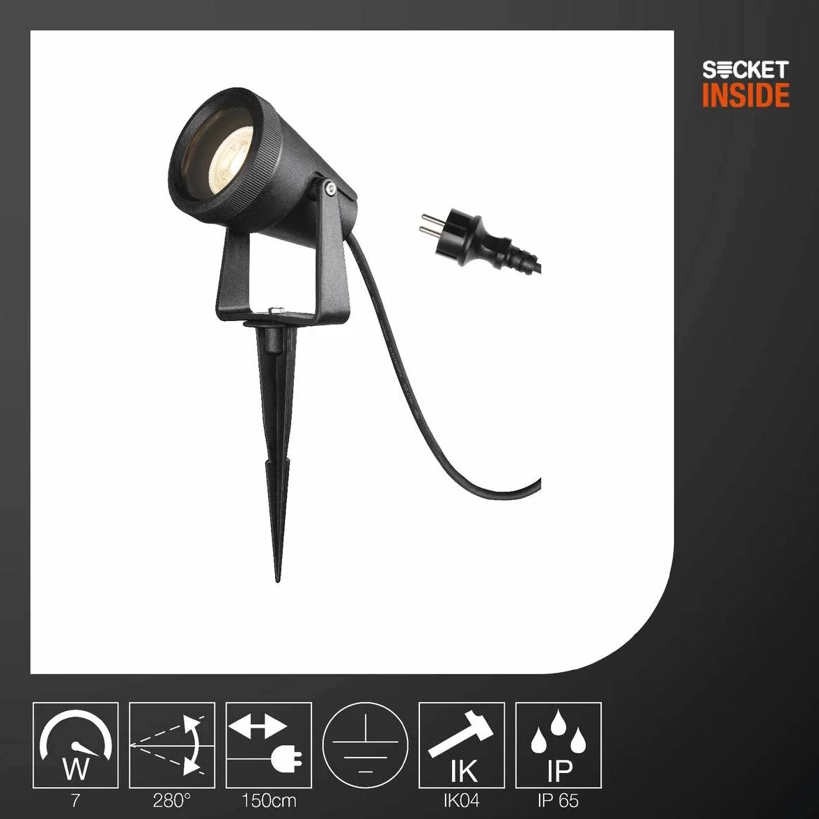 SLV Lampa wbijana w grunt SAMRINA SP single QPAR51 / lampa zewnętrzna do oświetlania ogrodu, tarasu, roślin, ścieżek, oczek wodnych, lampa zewnętrzna LED, reflektor zewnętrzny / GU10 IP65 7W czarna