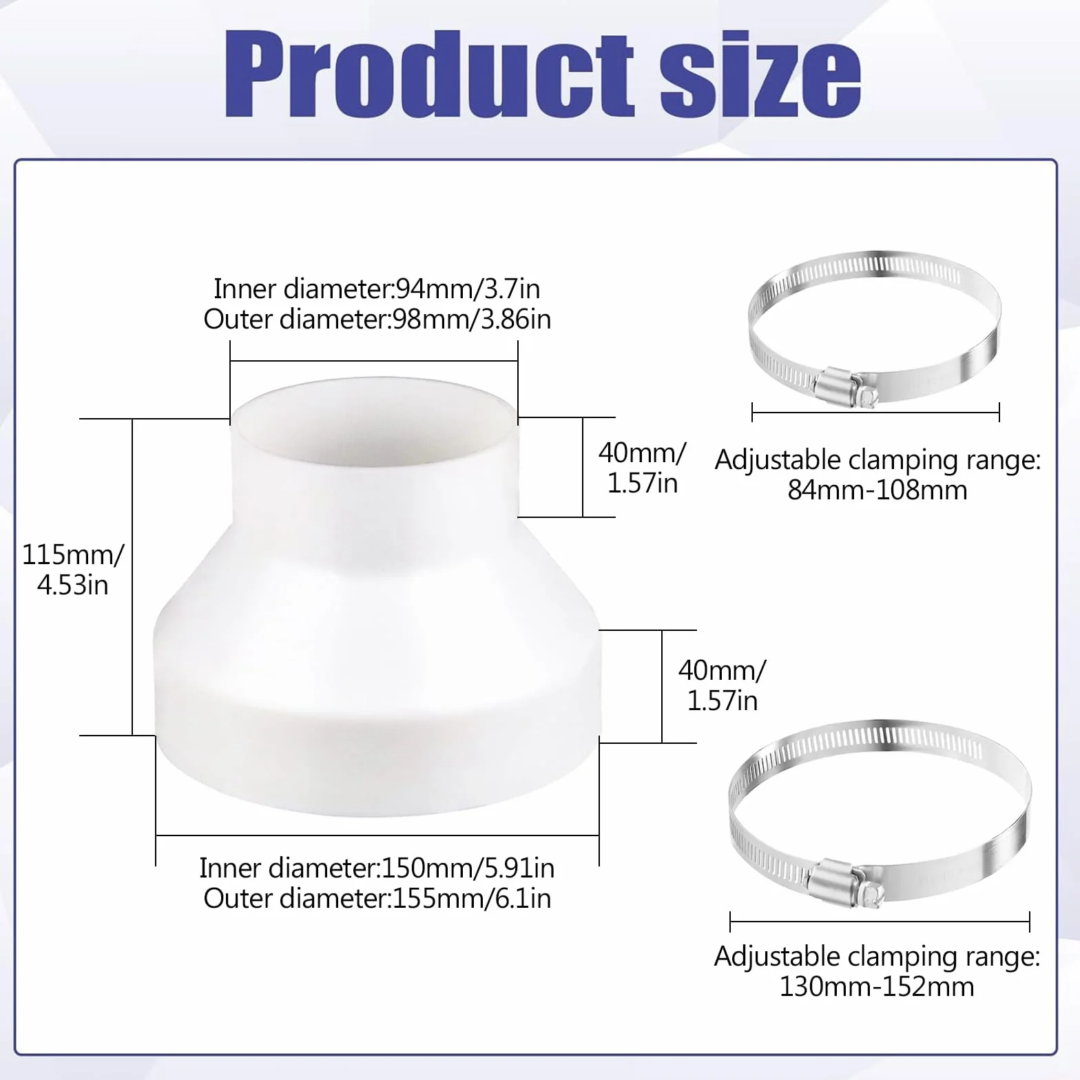 Reduktor rury kanałowej, adapter do okrągłego kanału, reduktor redukcyjny 150 mm do 100 mm do redukcji kanałów, z 2 opaskami ze stali nierdzewnej, do rury wentylacyjnej