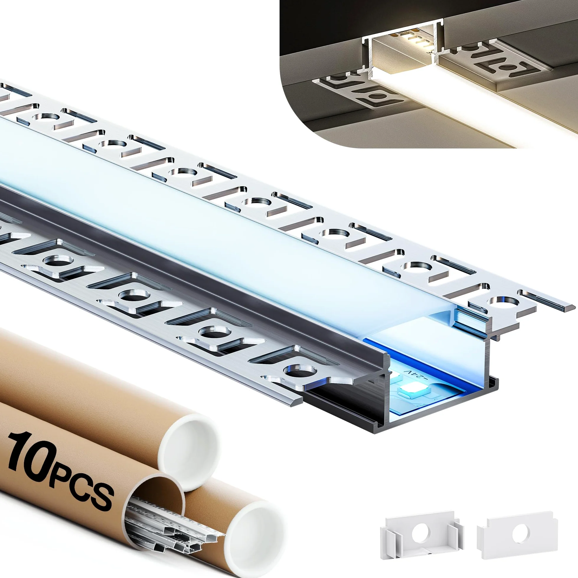 Shine Plus Zestaw 10 suchych profili LED 2M, profil aluminiowy do taśm LED, szyna wpuszczana z dyfuzorem, idealny do oświetlenia sufitowego i ściennego