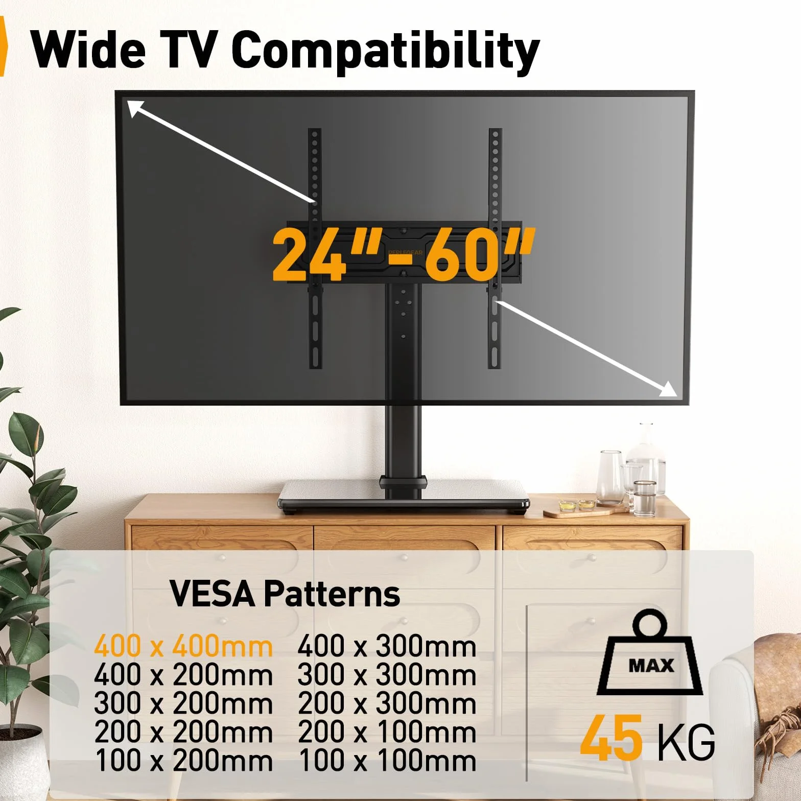 PERLEGEAR Uniwersalny stojak na telewizor do telewizorów 24-60 cali do 45 kg, obrotowy stojak na telewizor z regulacją wysokości, stojak na telewizor z podstawą ze szkła hartowanego, stojak na