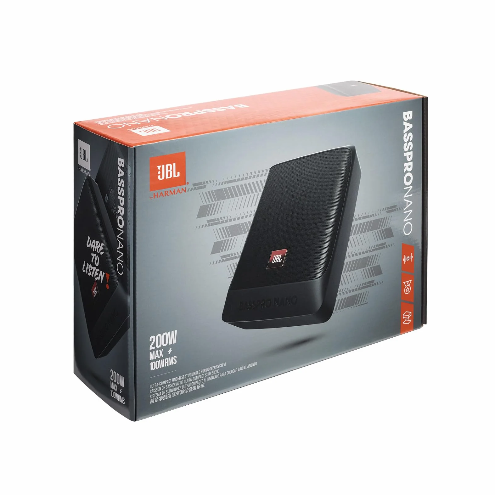 JBL BassPro Nano ultra kompaktowy, aktywny subwoofer pod siedzenie, zestaw do samochodu, 15 x 20 cm, 200 W,