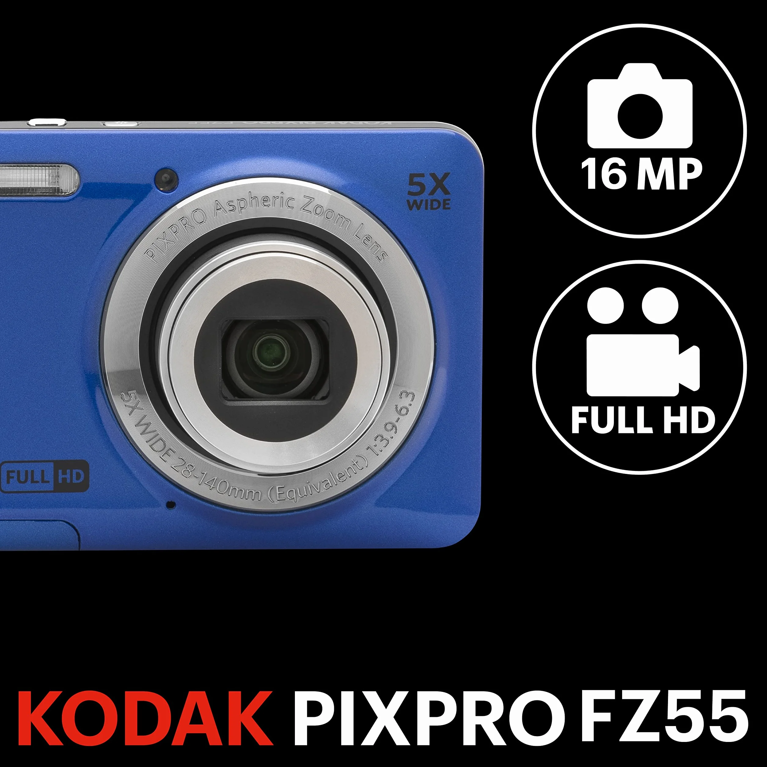 KODAK PIXPRO FZ55-BL Aparat cyfrowy 16 MP 5-krotny zoom optyczny 28 mm szeroki kąt 1080P Full HD wideo 2,7-calowy LCD kamera do vlogowania (niebieski)