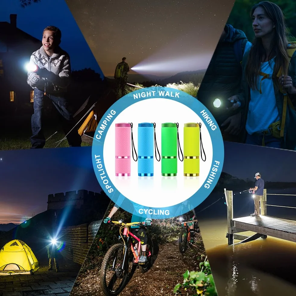 Zestaw 8 latarek LED dla dzieci, wysoka jasność, 9 diod LED, mini latarka, latarka dziecięca, nadaje się na urodziny, kemping, do aktywności na świeżym powietrzu, wędrówek (żółta, różowa,
