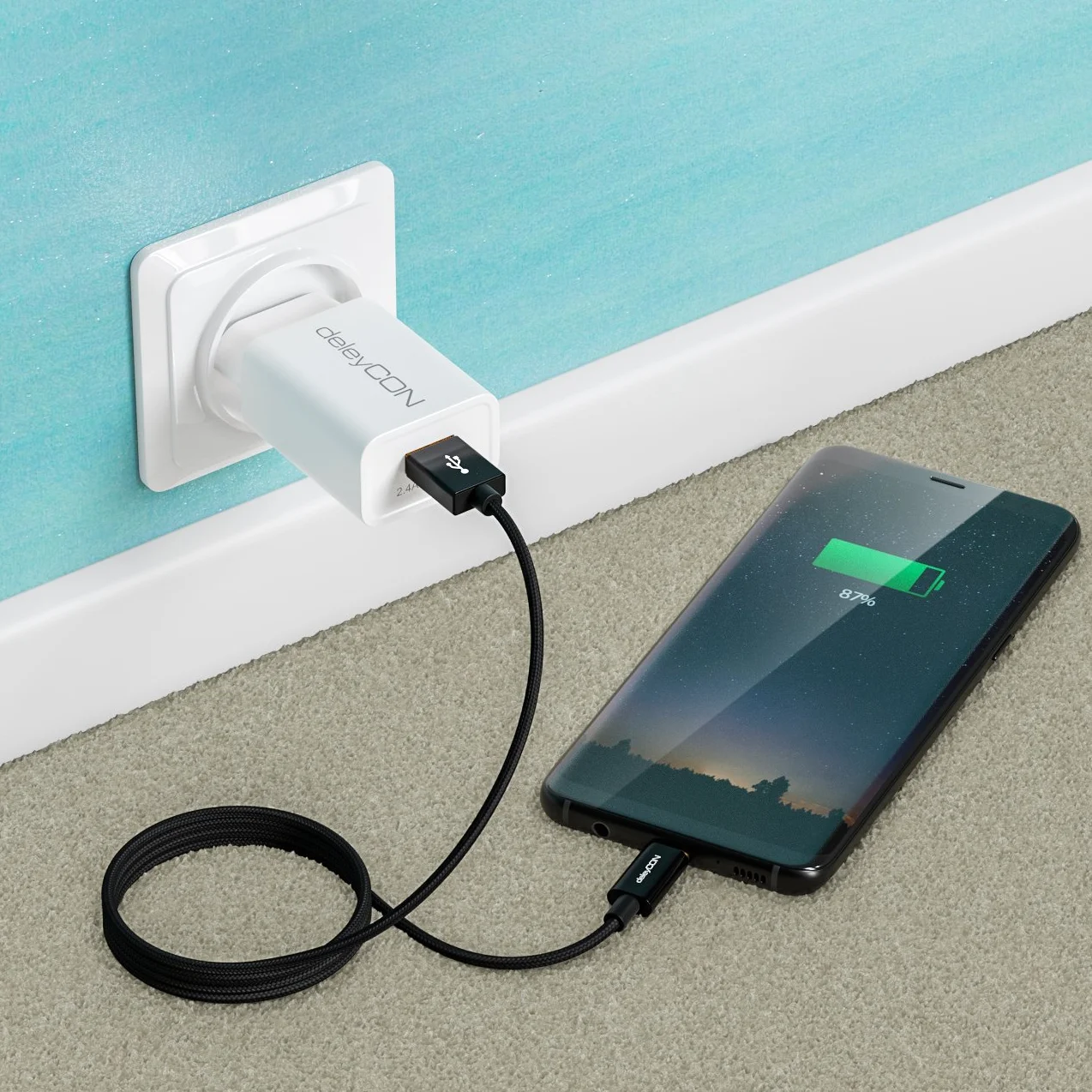 deleyCON 1m Kabel USB-C do Ładowania i Transmisji Danych Nylon USB C do USB A Czarny