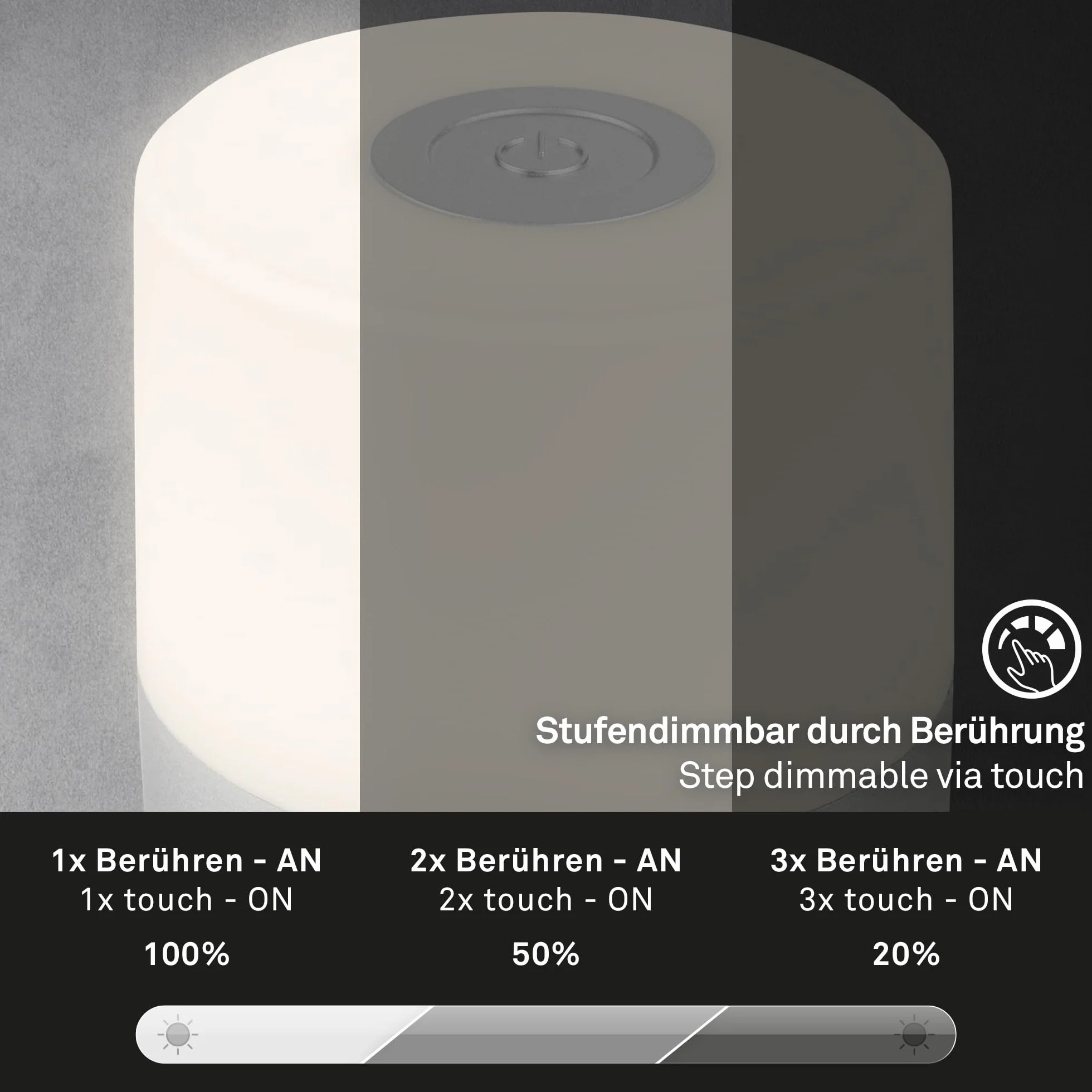 BRILONER – Mini lampka stołowa LED bezprzewodowa, Touch ściemniana, lampka nocna dla niemowląt, USB-C, do czytania i biurka, Ø70x70mm, srebrna, matowy chrom – elegancja i wygoda użytkowania