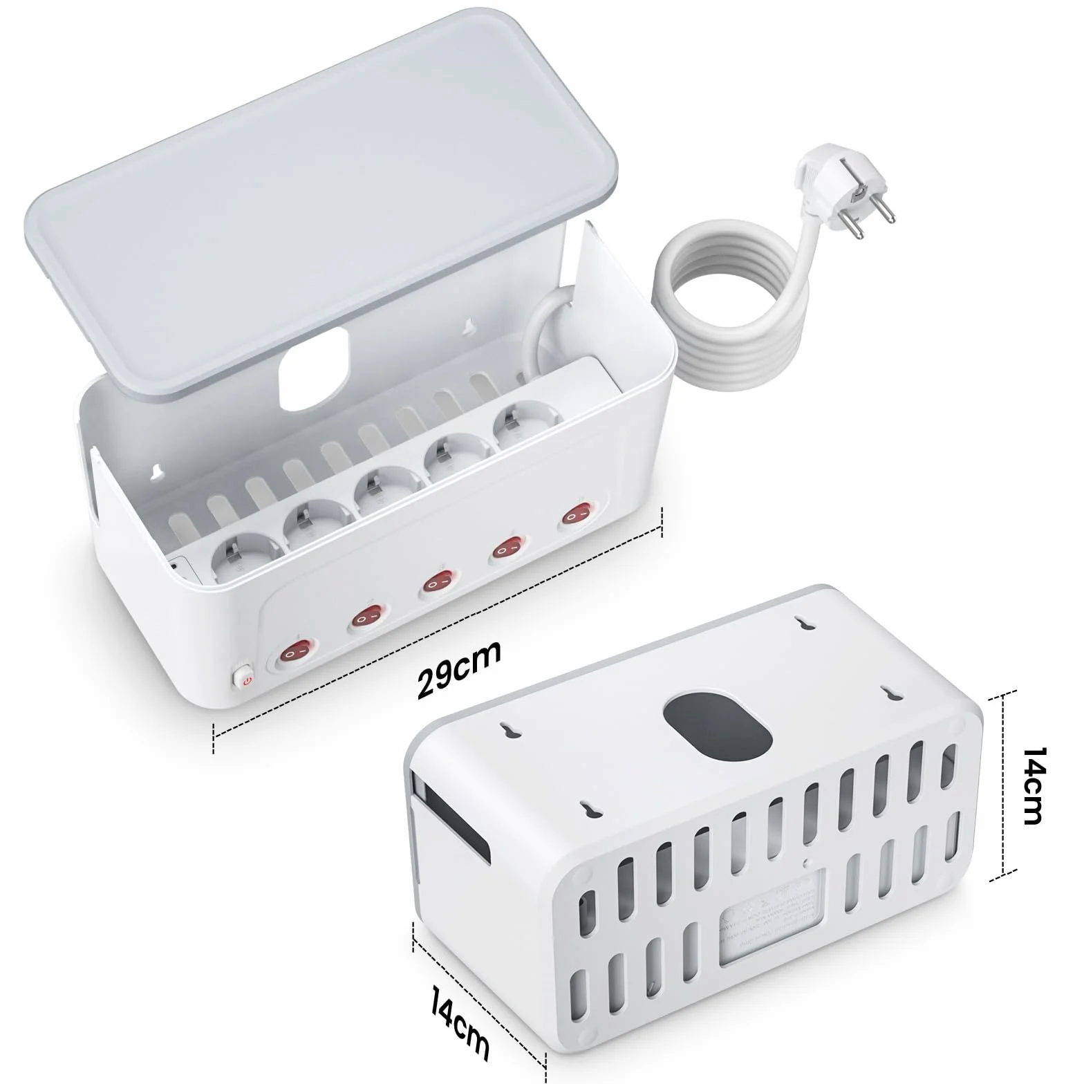 Listwa Zasilająca z Skrzynka Kablowa, Skrzynka na Kable Wielokrotne Gniazdo USB C, Duża Zarządzanie Kablami na Biurku, Listwa 5 Gniazda z Niezależnym Przełącznikiem, Przedłużacz 1,5 m, Biały