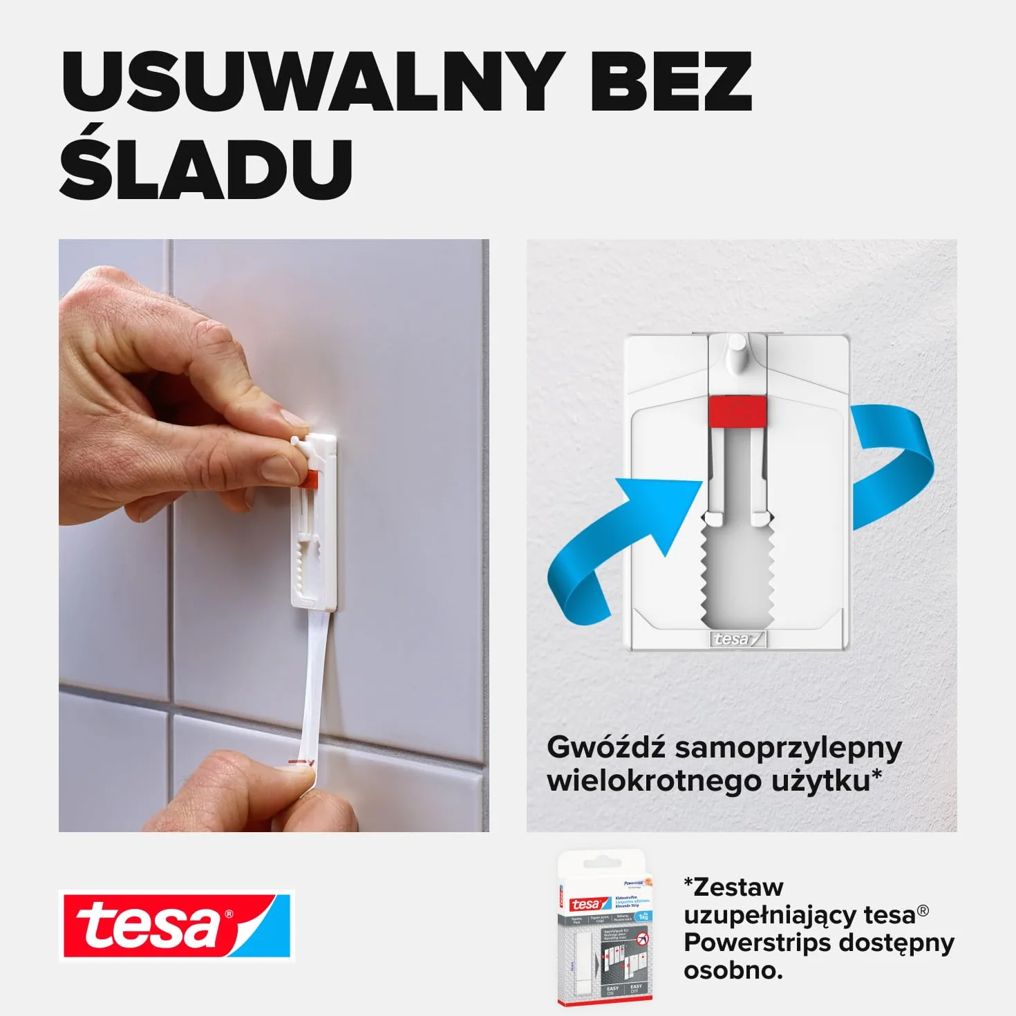 tesa Gwóźdź samoprzylepny do płytek i metalu, regulowany, 2 sztuki – możliwość dopasowania gwoździ do gładkich i twardych powierzchni w łazience i kuchni, siła trzymania 4 kg – zdejmowalne i