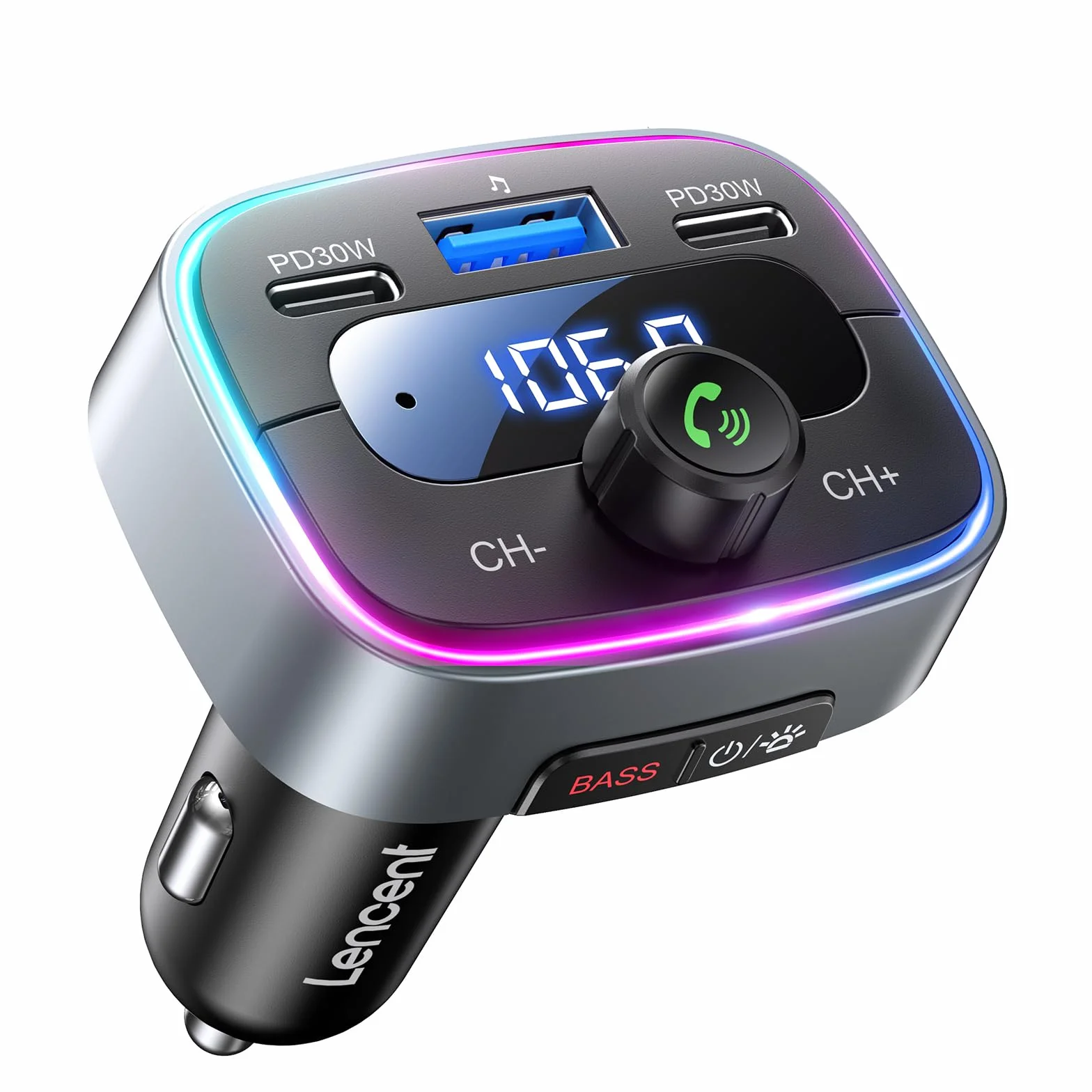LENCENT Nadajnik FM Bluetooth 5.4 60 W Szybkie Ładowanie 2 USB-C PD 30 W Hi-Fi Głęboki Bas LED