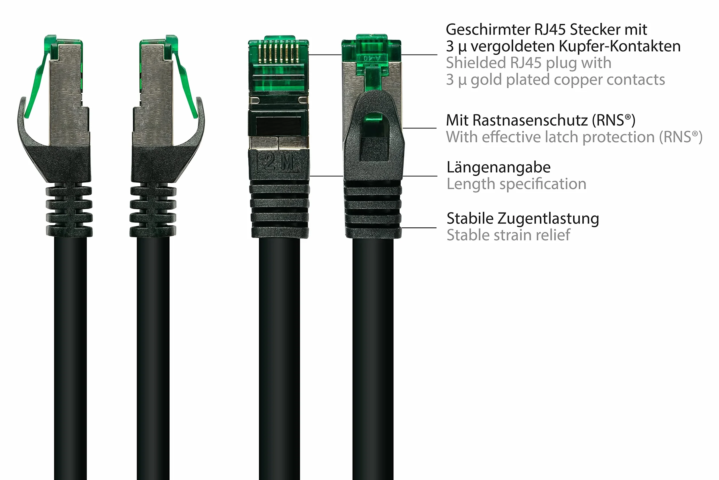 Good Connections® Premium Cat. 6A zewnętrzny kabel krosowy - 5 m - IP66 z zabezpieczeniem zatrzaskowym - 10 GIGABIT, PRZEWODNIK MIEDZIANY / CU - S/FTP, PiMF - 500 MHz - do użytku na zewnątrz, odporny na promieniowanie UV i wodę - czarny