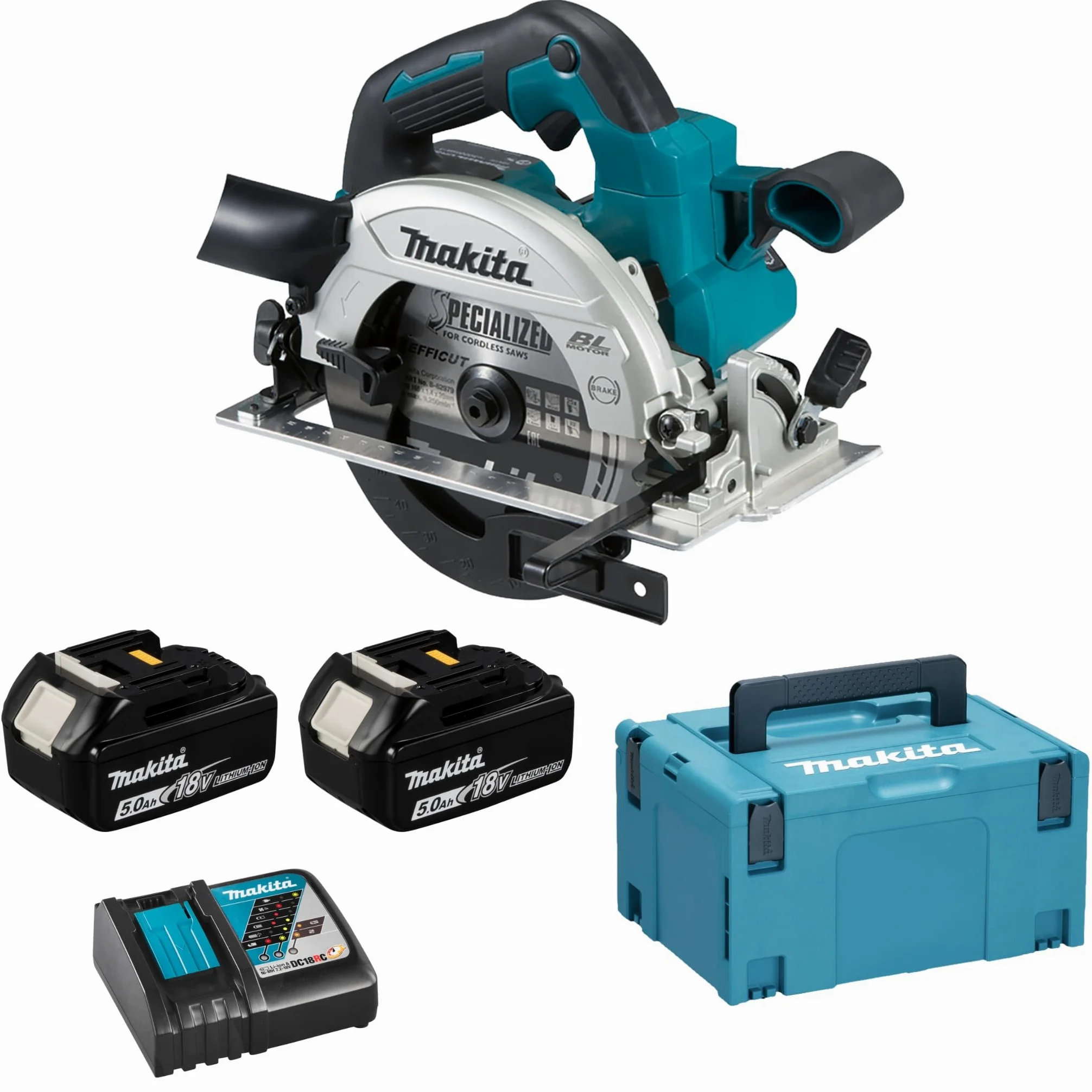 Makita DHS660RTJ Ręczna Piła Tarczowa Akumulatorowa 57 mm 18 V 5 Ah, 2 Akumulatory, Ładowarka w Kolorze Makpac