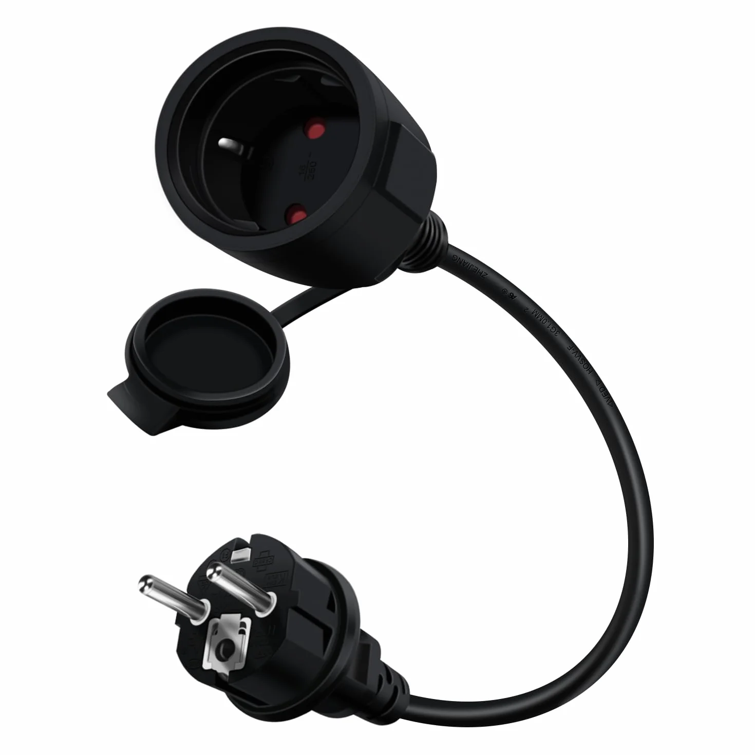 Schuko Przedłużacz Krótki biały 16A 250V Przedłużacz Schuko Krótki ochronny kabel kontaktowy, kabel IP44 do zewnątrz lub wewnątrz, dom, biuro (czarny, 0.3 m)