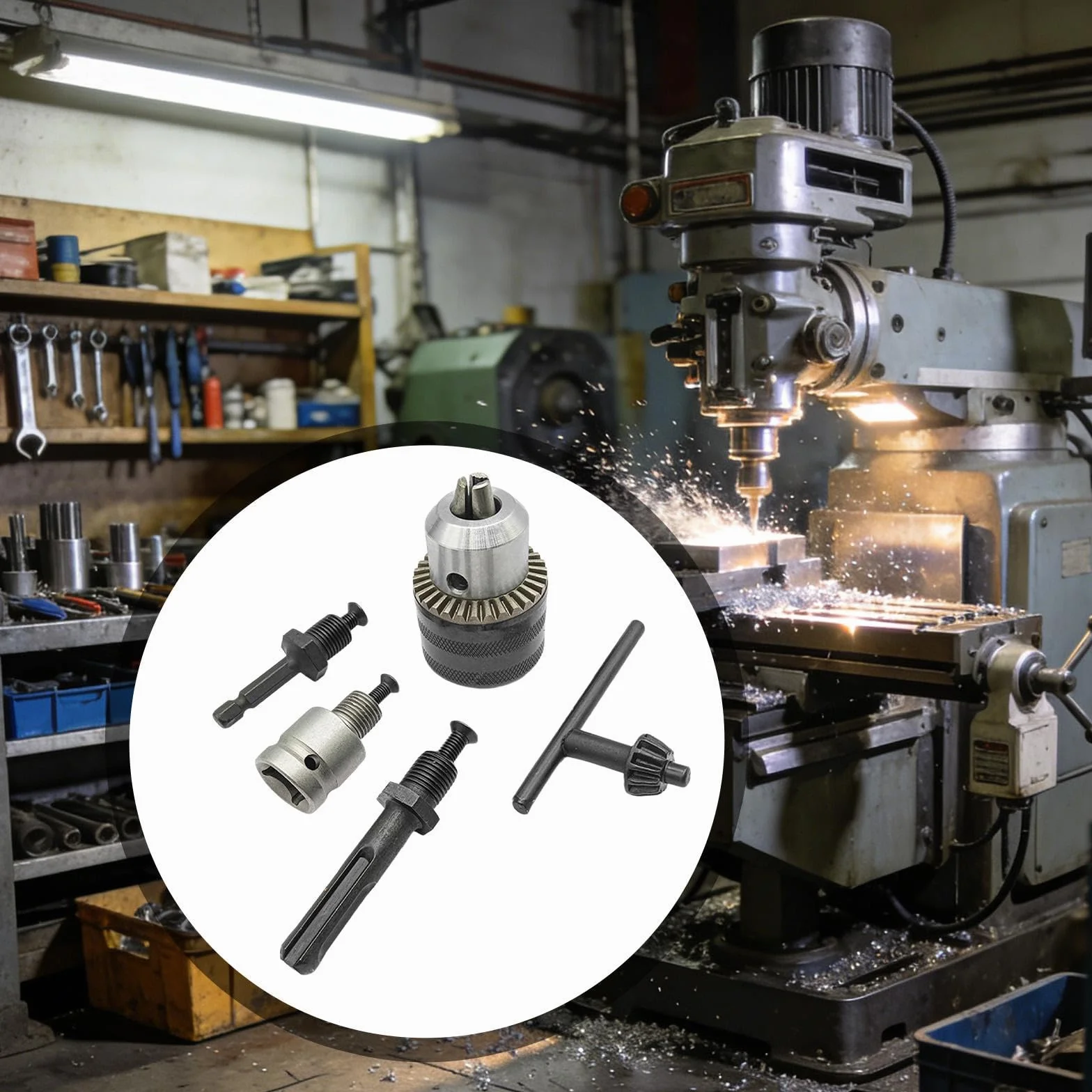 Zestaw do konwersji uchwytu wiertarskiego, adapter klucza udarowego 1/5.1 cm, wymienny trzpień sześciokątny ze stopu do użycia chwytu SDS Plus, zawiera klucz do uchwytu