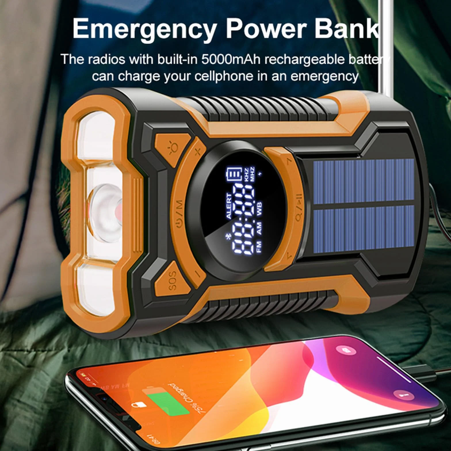Radio awaryjne z ręczną korbą, głośnik Bluetooth na korbę z akumulatorem 5000 mAh, ładowarka słoneczna Power Bank USB AM/FM Radio SOS Alarm Latarka IPX5 Wewnętrzny Outdoor Camping Emergency