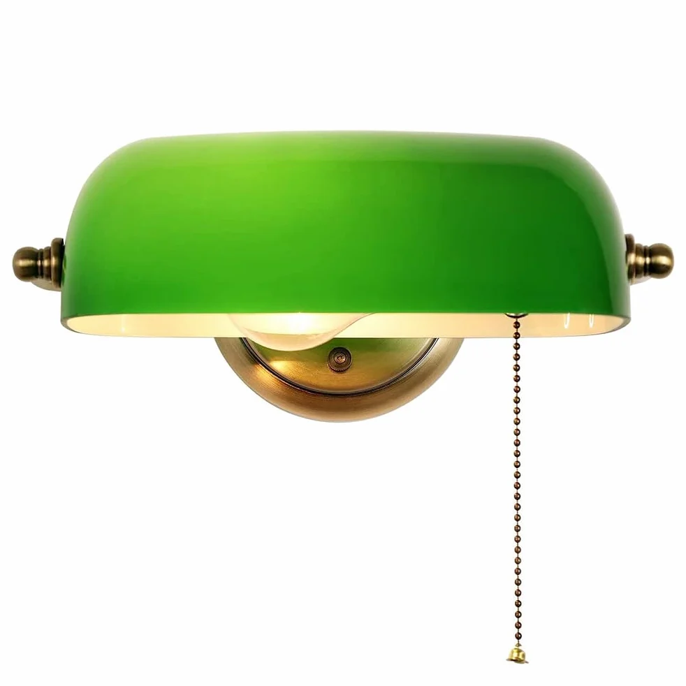 Zielona kinkiet bankier z przełącznikiem, klasyczna lampa bankierska, styl retro, tradycyjny, zielony, regulowany szklany klosz, lampka nocna do sypialni, korytarza, biblioteki