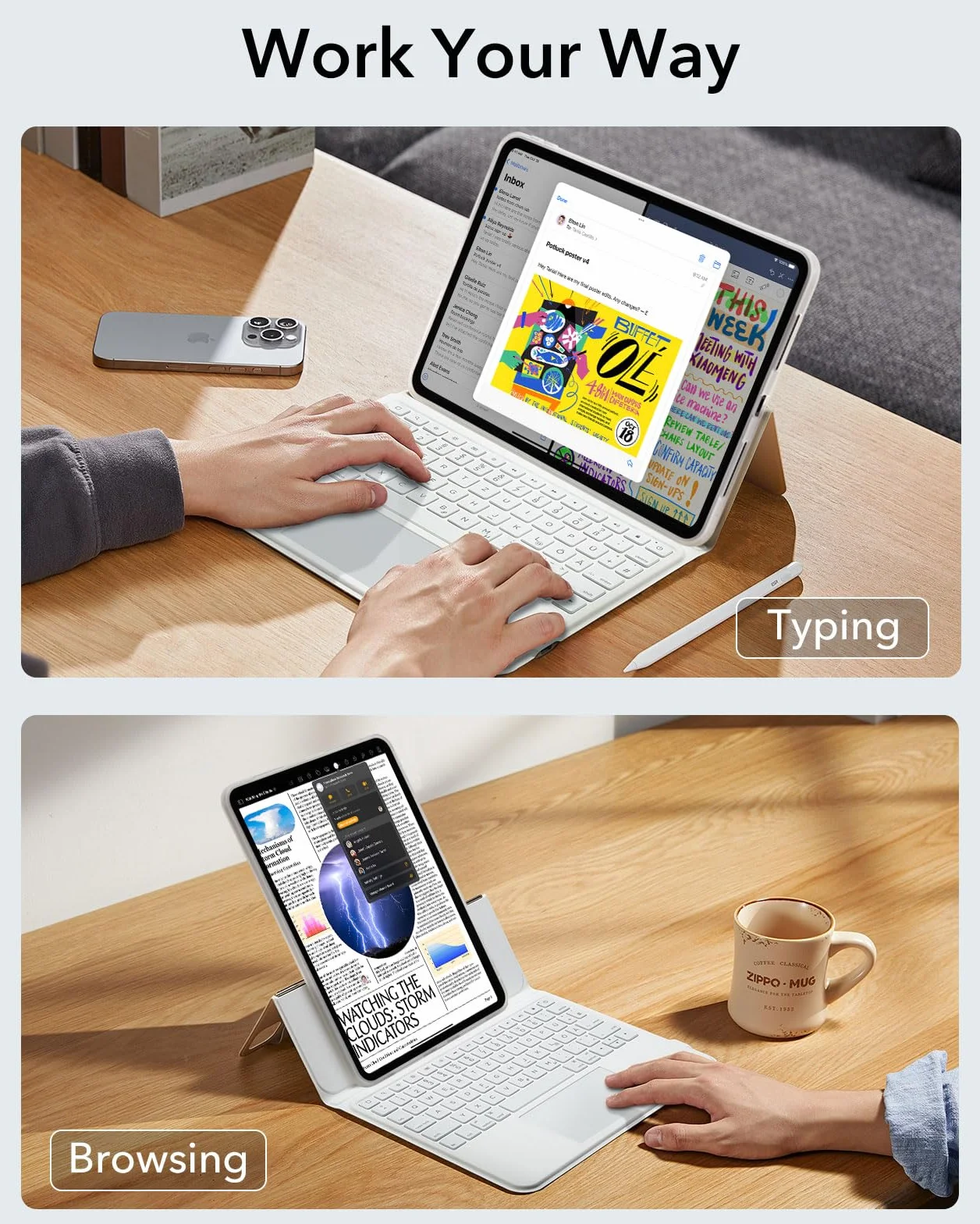 ESR Etui na iPad Pro 11 cali M5/M4 2025/2024, klawiatura z gładzikiem magnetyczna podświetlana, stojak poziomy biały