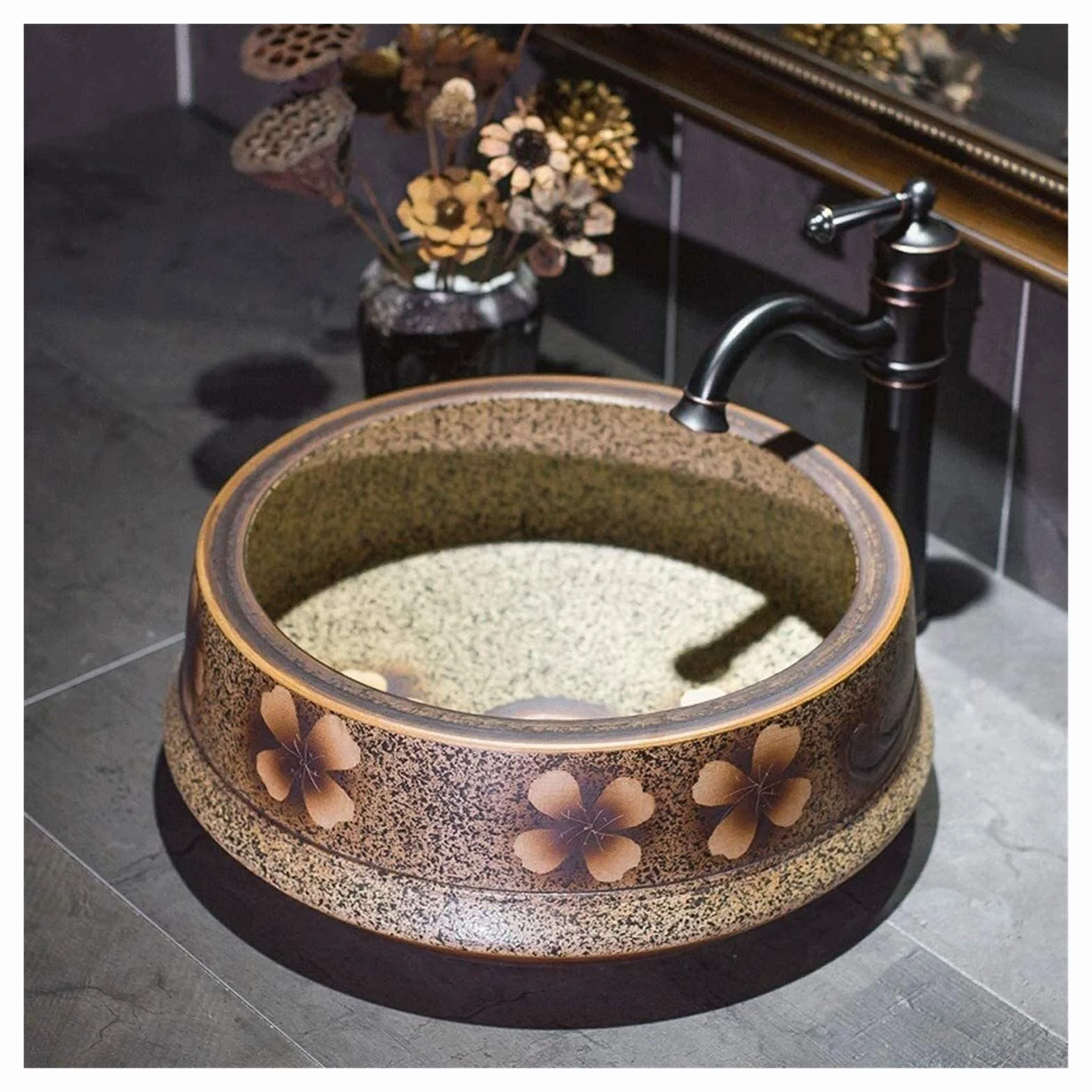 Szafka Pod Umywalkę Z Umywalką, Umywalka Łazienkowa, Umywalka Nablatowa, Brązowa Okrągła, Porcelanowa, Ceramiczna, Umywalka Nablatowa, Umywalka Nablatowa