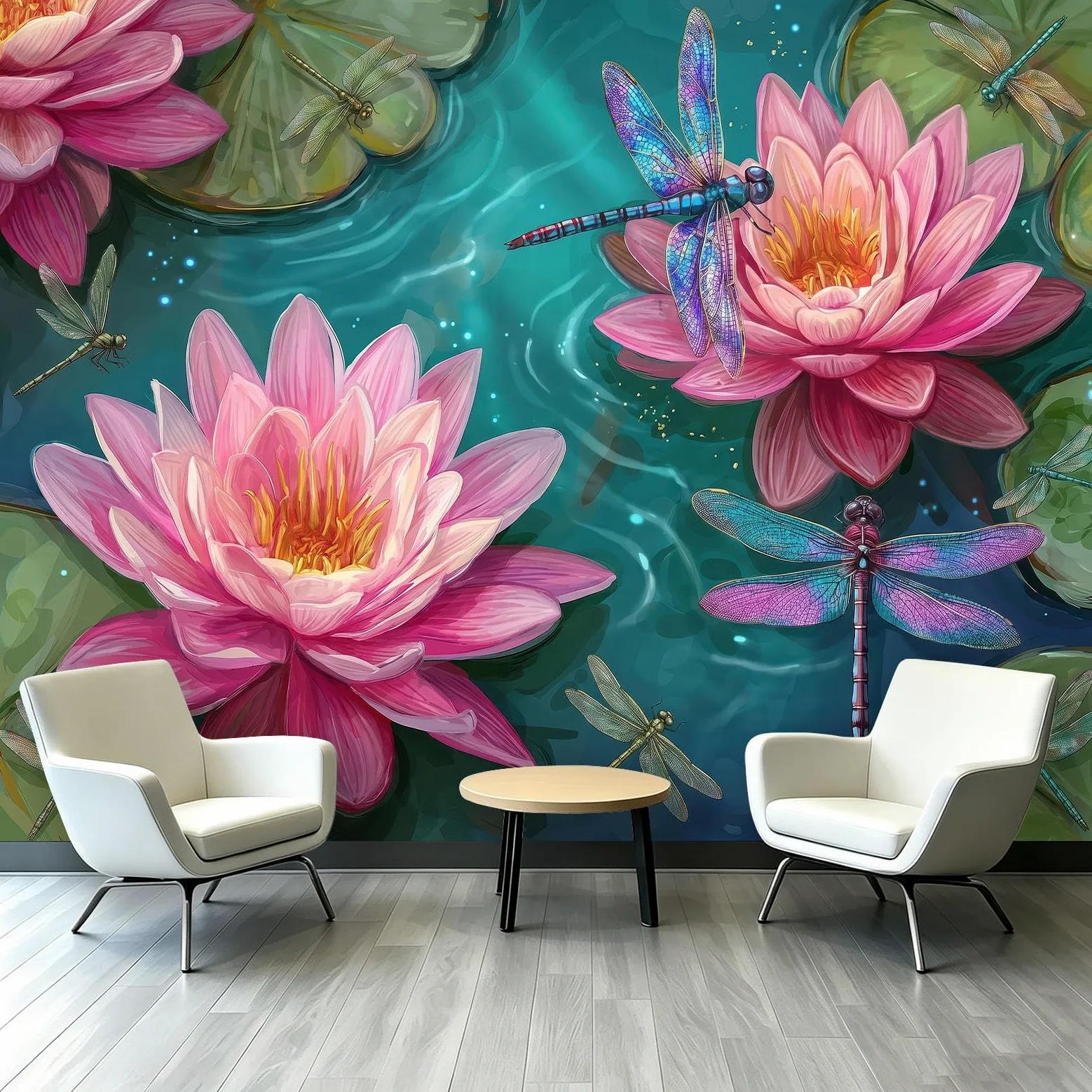 Akwarelowa fototapeta z kwiatami – 400 x 280 cm (szer. x wys.) fototapeta – staw lilie wodne liście lotosu dekoracyjna tapeta do salonu, sypialni, biura i kuchni