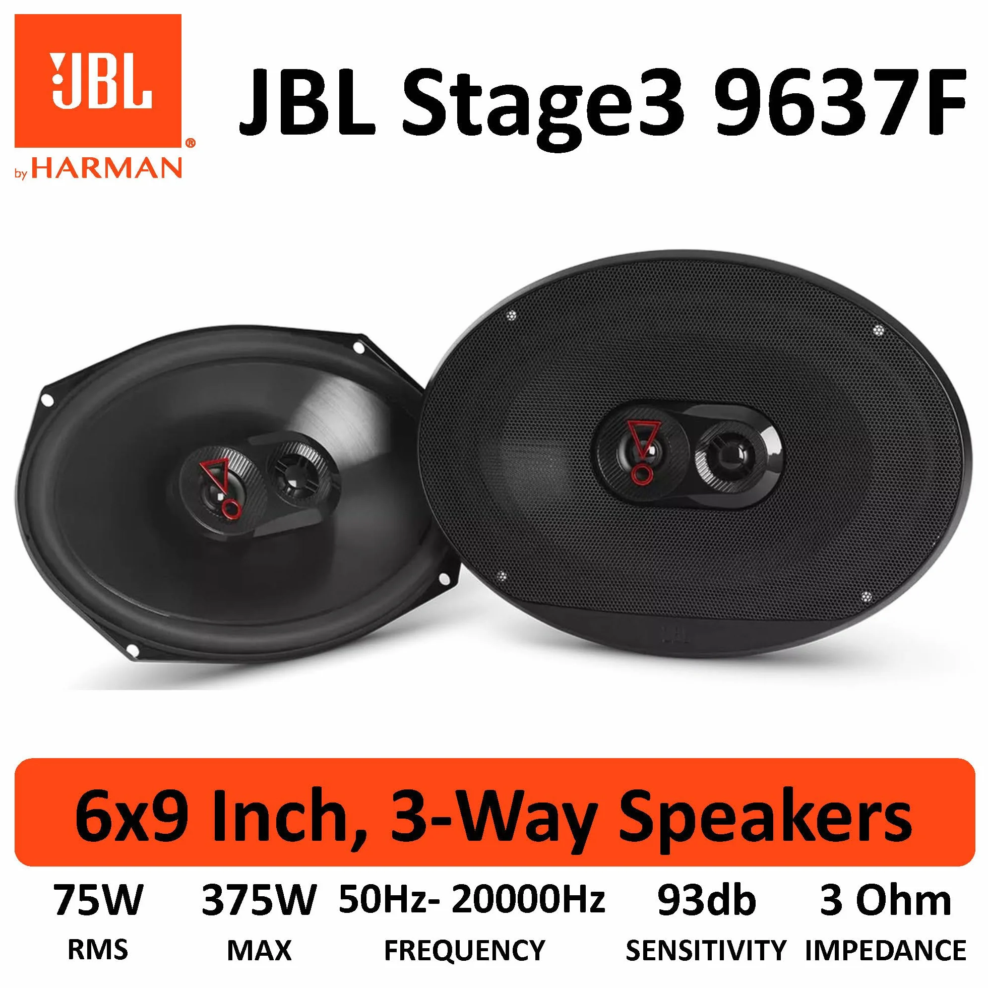 JBL Stage3 9637F 3-drożny zestaw głośników samochodowych Harman Kardon bez kratki, 375 W, owalne głośniki samochodowe, 6" x 9" (152 mm x 230 mm)
