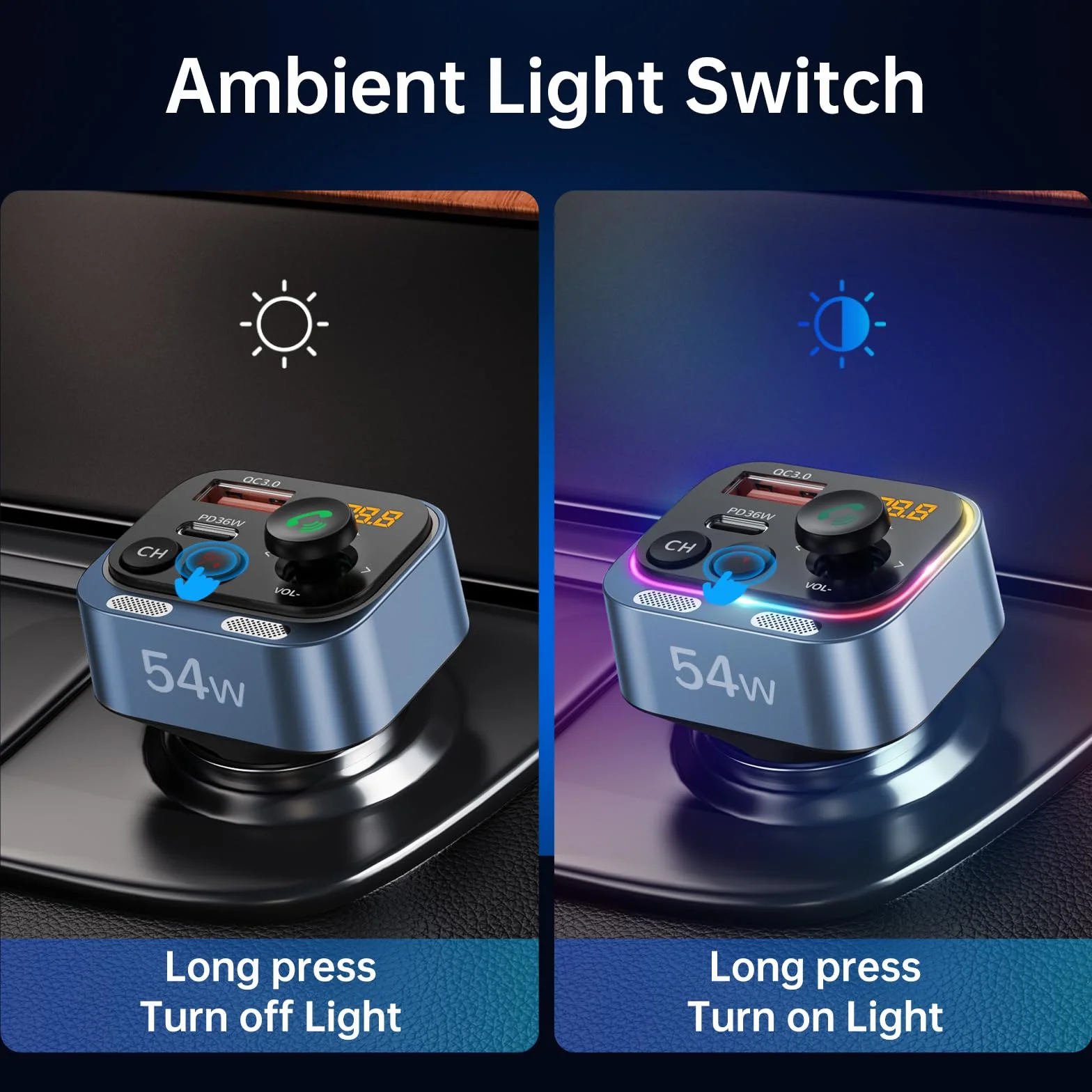 Syncwire Nadajnik FM Bluetooth 5.4 54W PD&QC3.0 Ładowarka samochodowa USB C [Podwójny mikrofon i dźwięk basowy HiFi] [Szybkie ładowanie] [Przełącznik światła] Odbiornik radiowy rozmowy głośnomówiący,