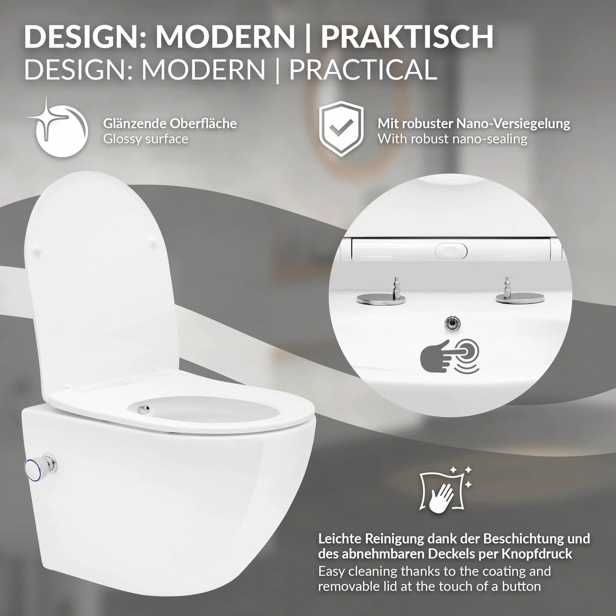 LuxeBath Toaleta podwieszana bez kolnierza kompaktowa 49 cm biala z funkcja bidetu powloka nano ceramiczna z wyjmowana deska Duroplast z wolnym opadaniem efekt lotosu latwa w utrzymaniu czystosci