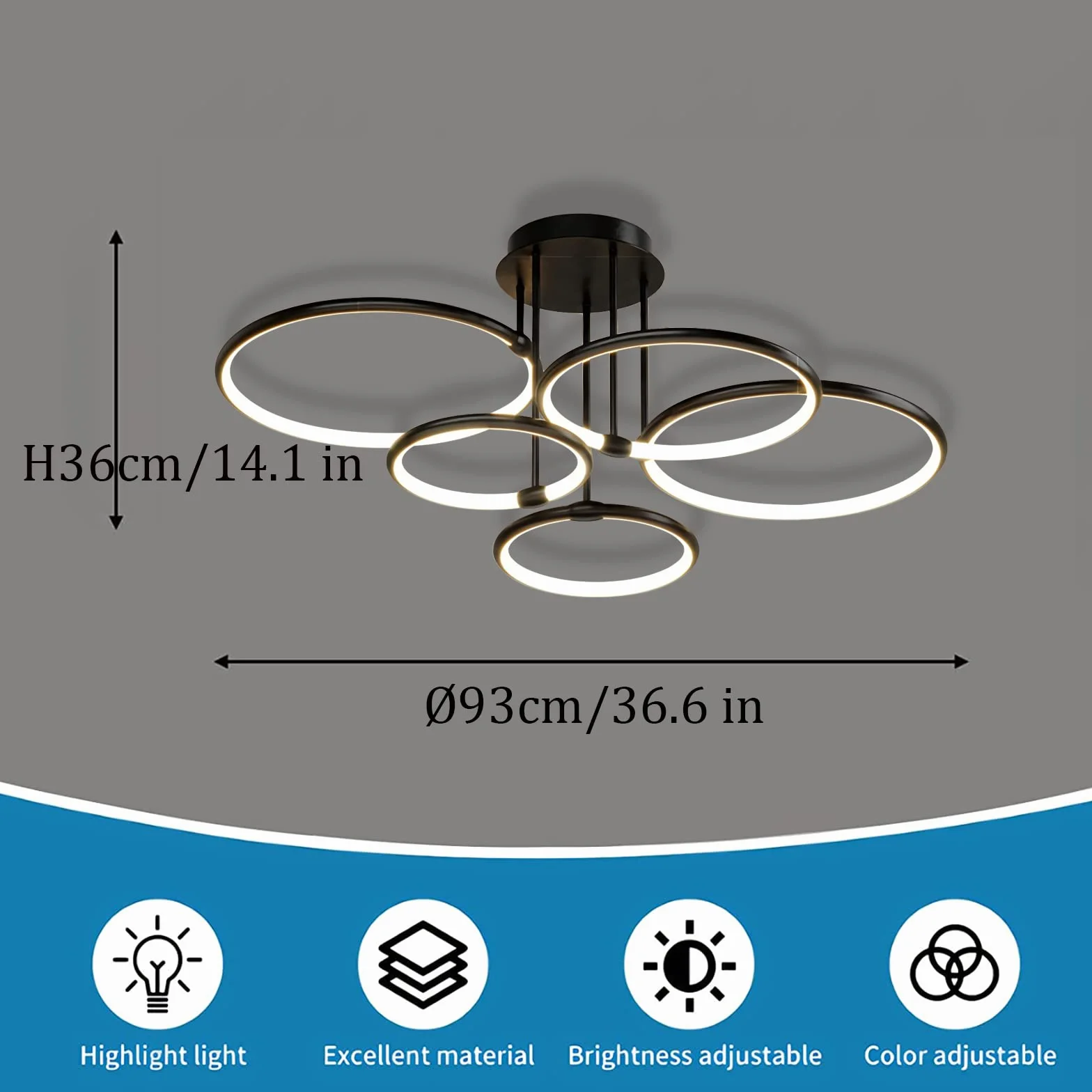 Lampa sufitowa LED Lampa do salonu Kreatywność Pierścień Lampa sufitowa Kolor światła i jasność Regulowana za pomocą pilota Żyrandol do sypialni Metal Okrągły żyrandol sufitowy (czarny, Ø93cm/108W)