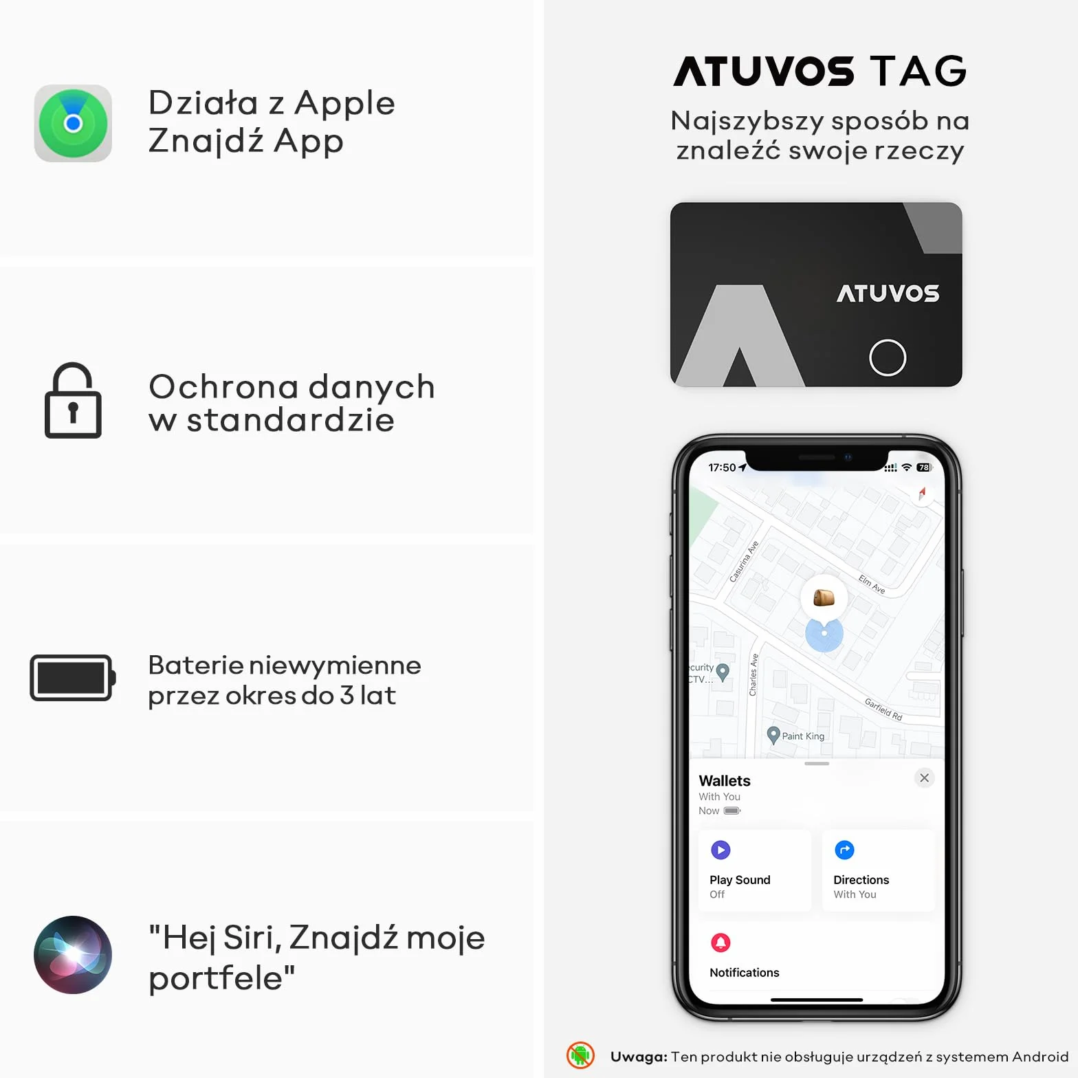 ATUVOS Wallet Tracker 1,6 mm Smart Bluetooth Tag Kompatybilny z Apple Znajdź Aplikacja iOS