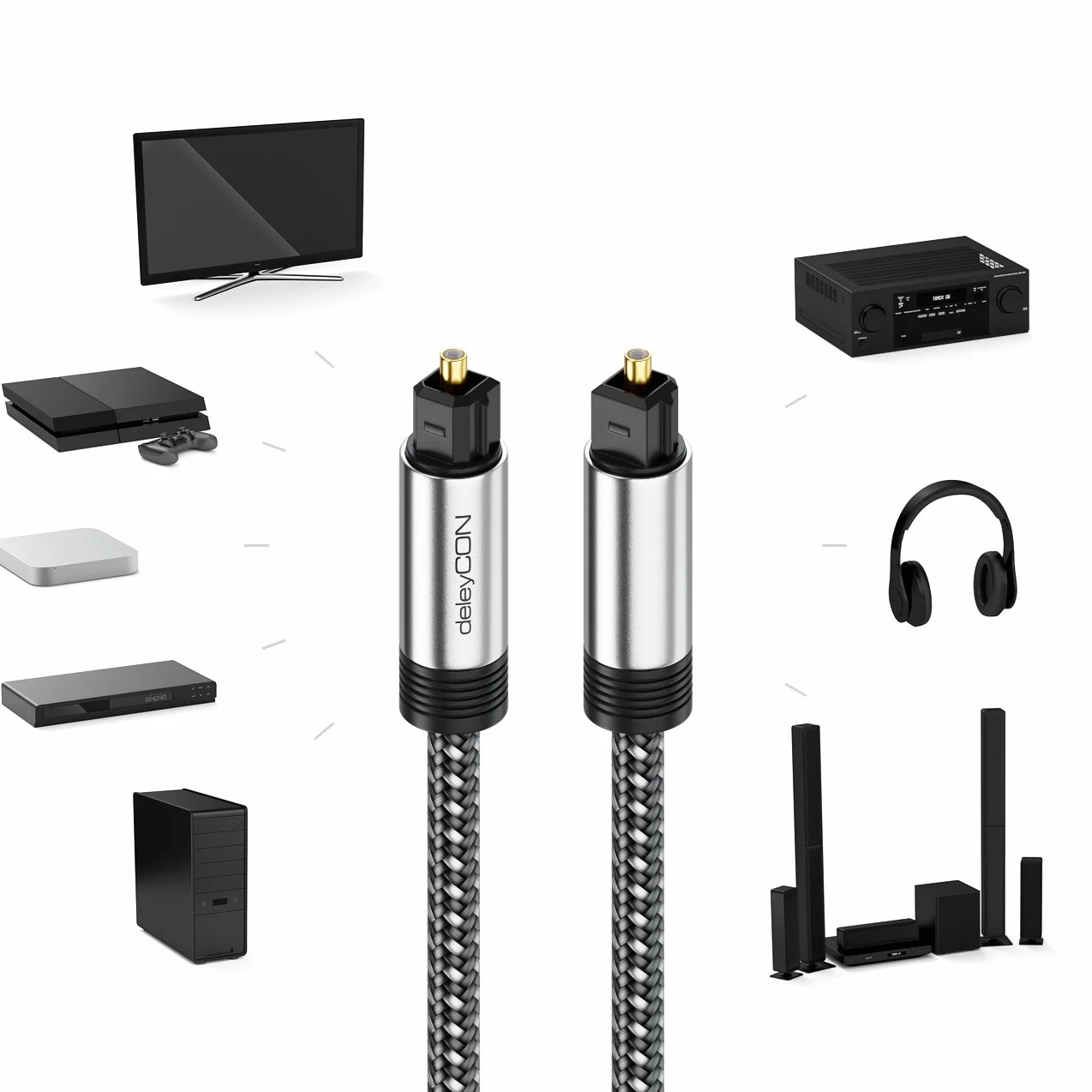 deleyCON 1,5m Kabel Toslink Optyczny Cyfrowy Przewód Audio z Metalowymi Wtykami & Oplot Nylonowy - SPDIF Światłowód