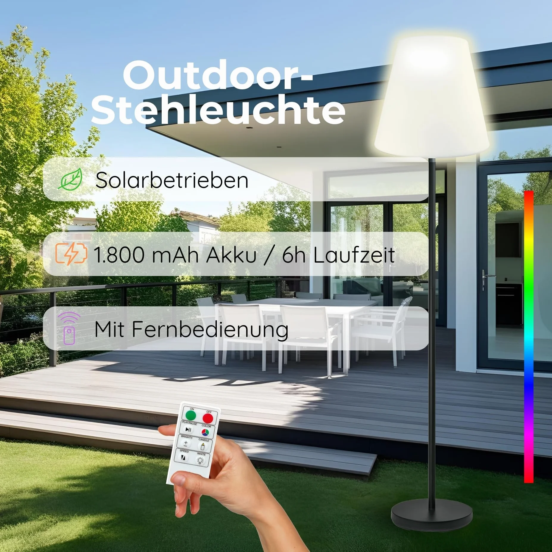 SCHWAIGER Solarna lampa zewnętrzna, 1,5 m, lampa stojąca LED do użytku na zewnątrz, sterowana za pomocą pilota zdalnego sterowania, ochrona IP44, możliwość ściemniania i zmiana koloru, lampa solarna z