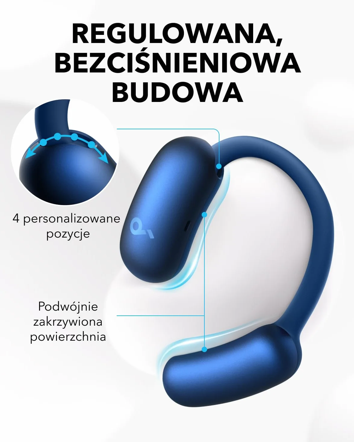 soundcore AeroFit 2 firmy Anker, słuchawki otwarte, regulowane zaczepy na uszy, ścisłe dopasowanie, bogaty bas, dźwięk bezprzewodowy Hi-Res, 42 godz. odtwarzania (Niebieski, Standard)