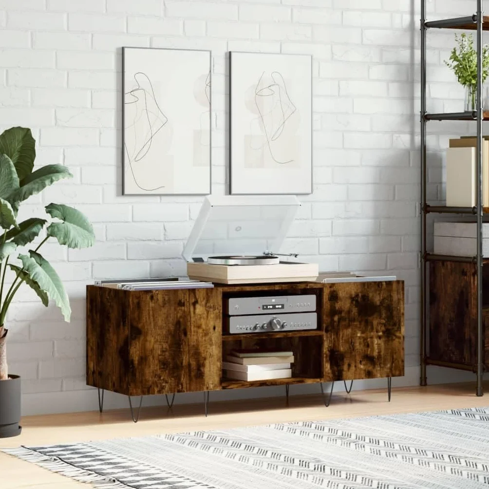 Fengshui Szafa płytowa dąb wędzony 121 x 38 x 48 cm materiał drewnopochodny | Przestronny do kolekcji LP, stabilna górna płyta do gramofonu, przemysłowe żelazne nogi